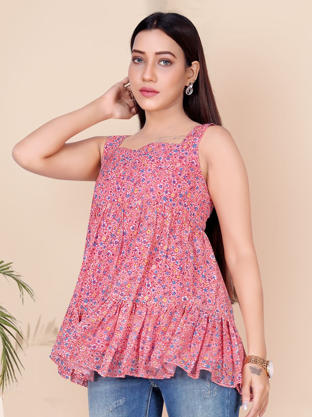 

Moda Rapido Women Floral Printed Square Neck Georgette Top, Peach