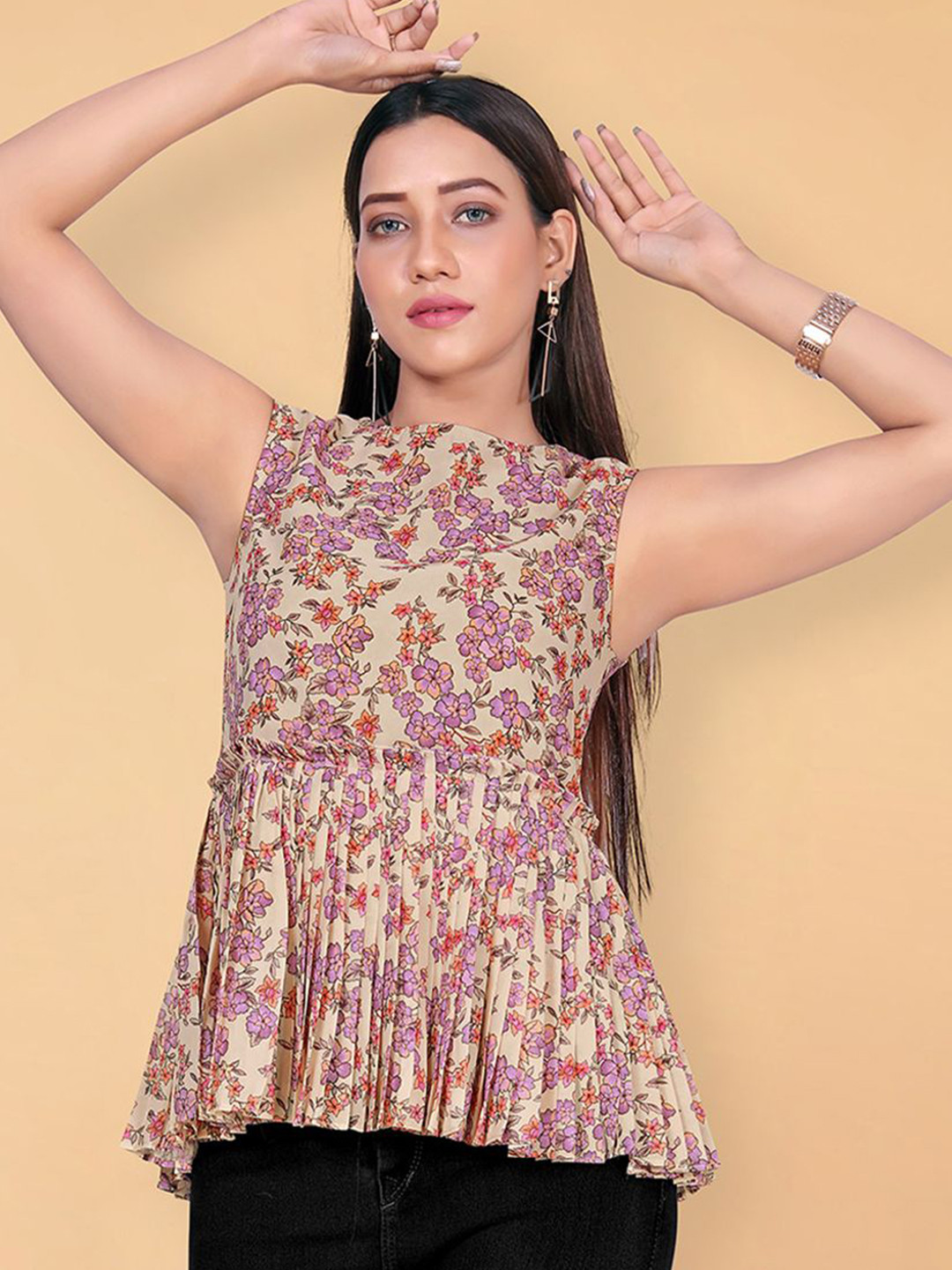 

Moda Rapido Women Floral Print Tiered Top, Cream