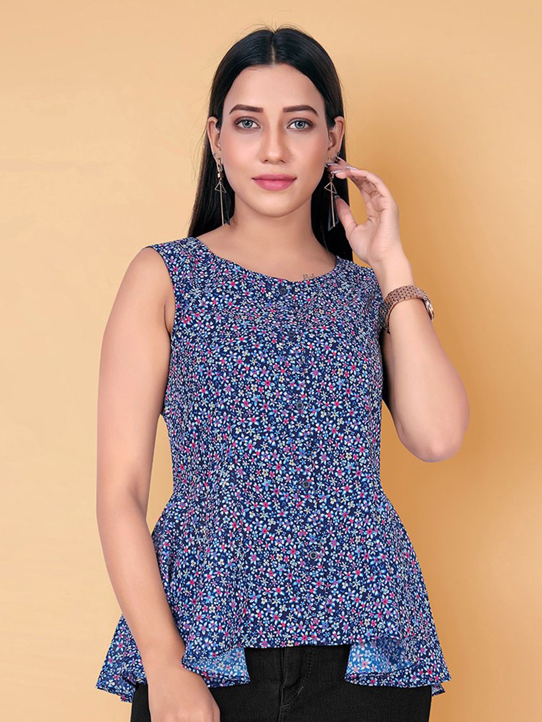 

Moda Rapido Floral Printed Georgette A-Line Top, Navy blue