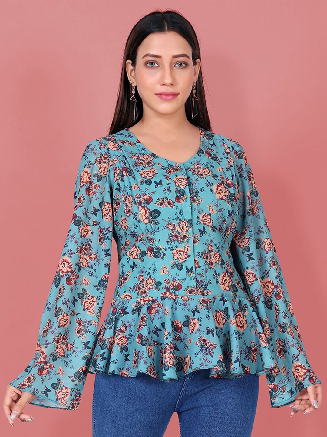 

Moda Rapido Floral Print Bell Sleeve Georgette Top, Teal