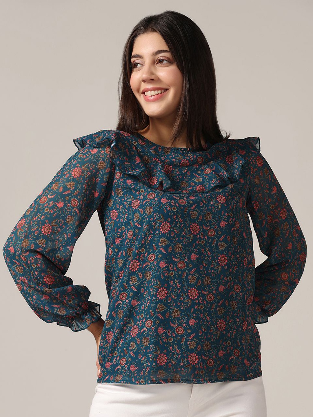 

Moda Rapido Floral Printed Georgette Top, Teal