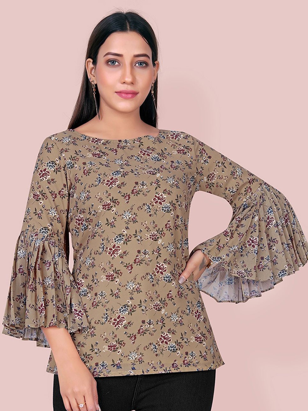 

Moda Rapido Women Floral Printed Bell Sleeve Top, Beige