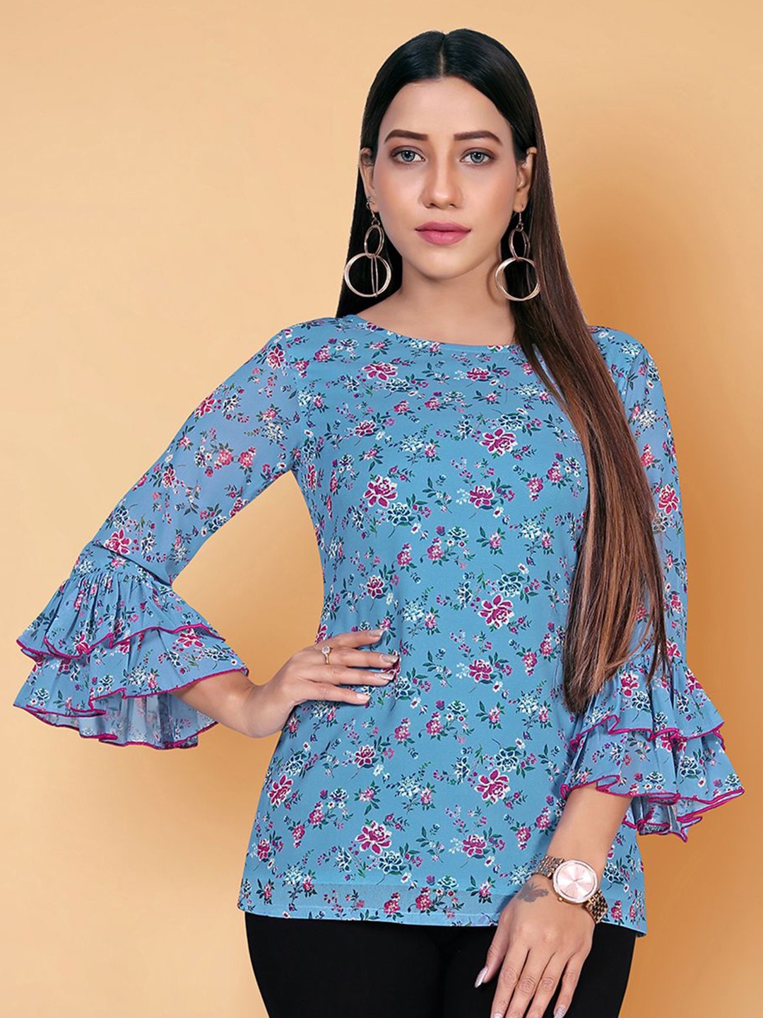 

Moda Rapido Women Floral Printed Georgette Top, Blue