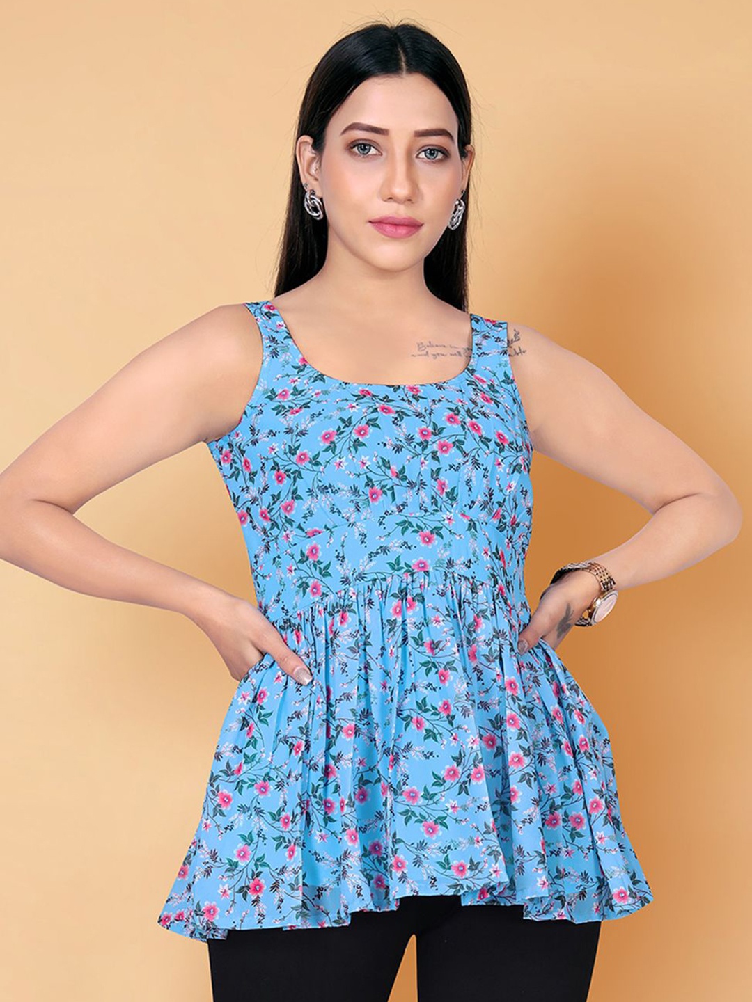 

Moda Rapido Women Floral Print Georgette Top, Blue