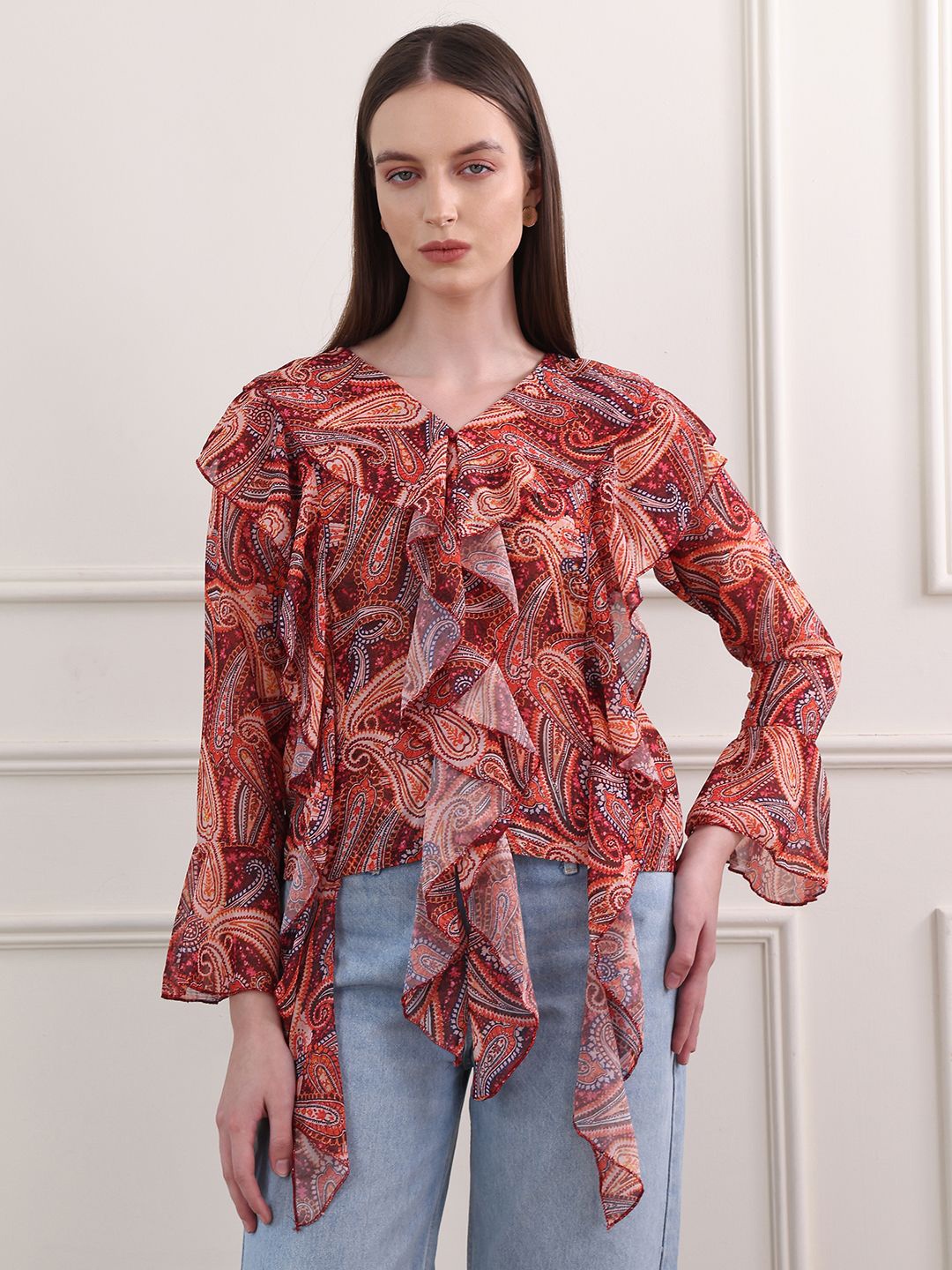 

OBSHIVKA Women Printed Ruffles Bell Sleeves Top, Red