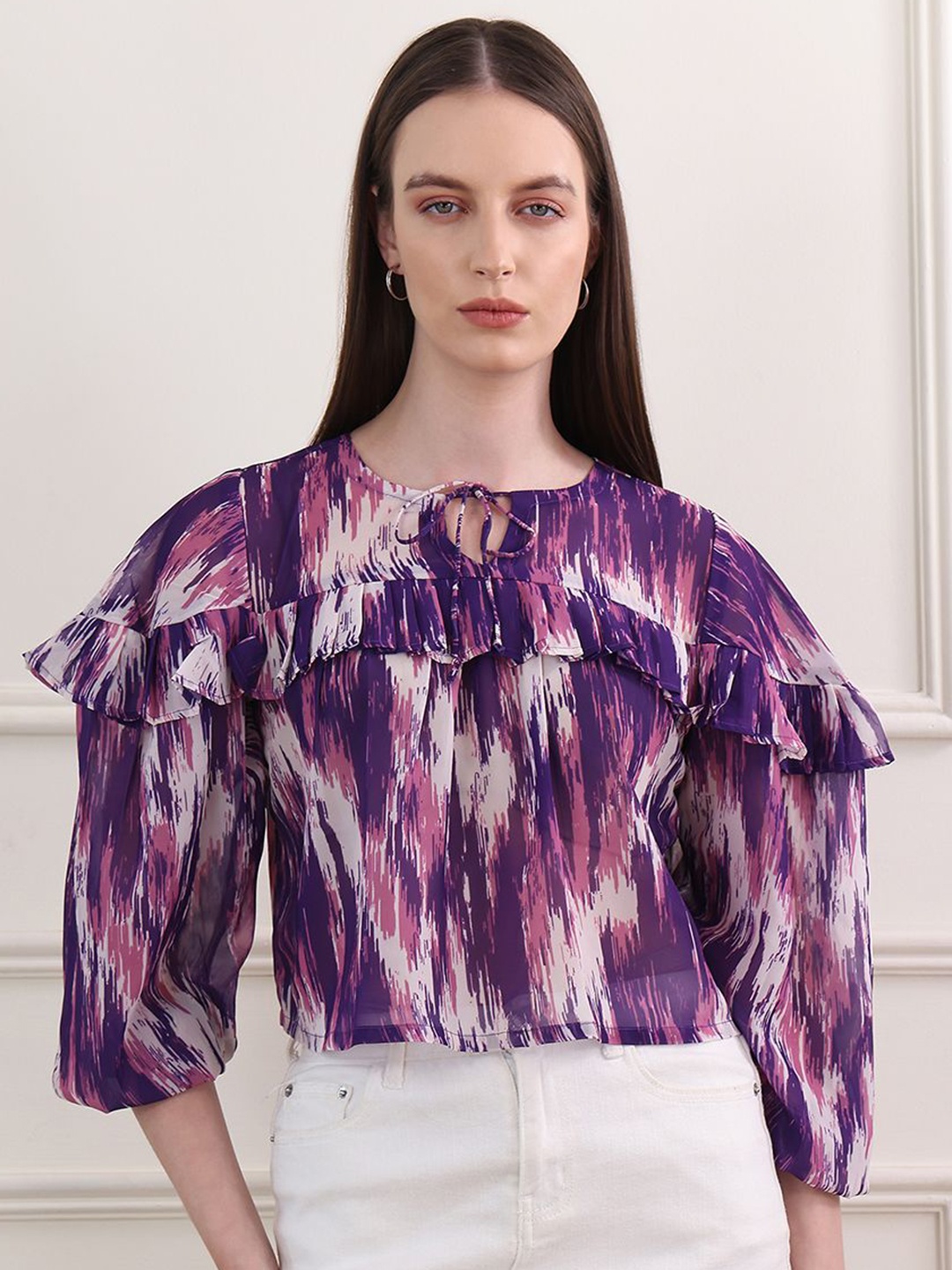 

OBSHIVKA Women Abstract Printed Ruffles Tie-Up Neck Puff Sleeves Crop Top, Purple