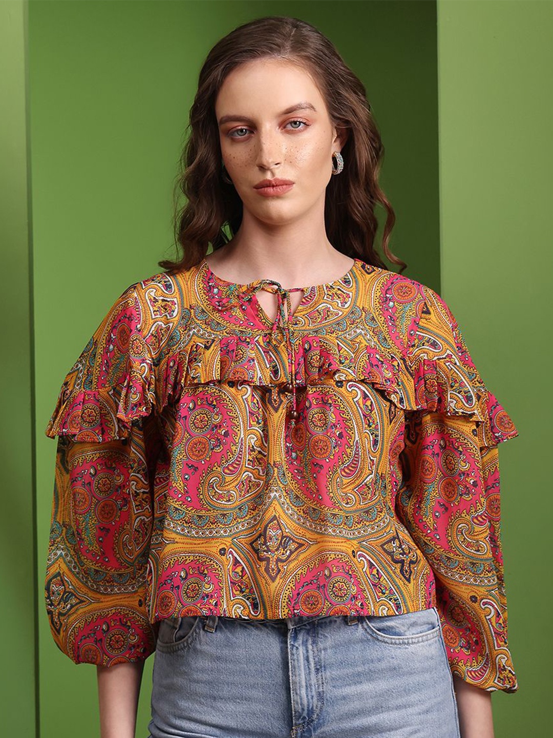 

OBSHIVKA Women Printed Ruffles Georgette Top, Yellow
