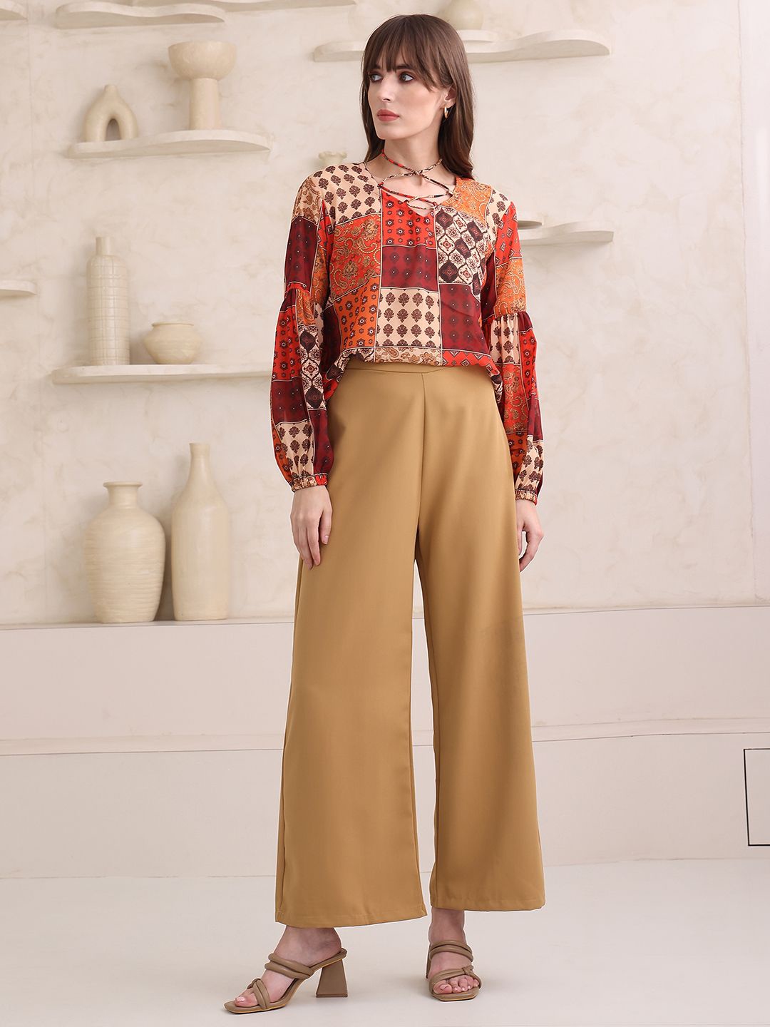

OBSHIVKA Printed Tie-Up Neck Georgette Top, Red