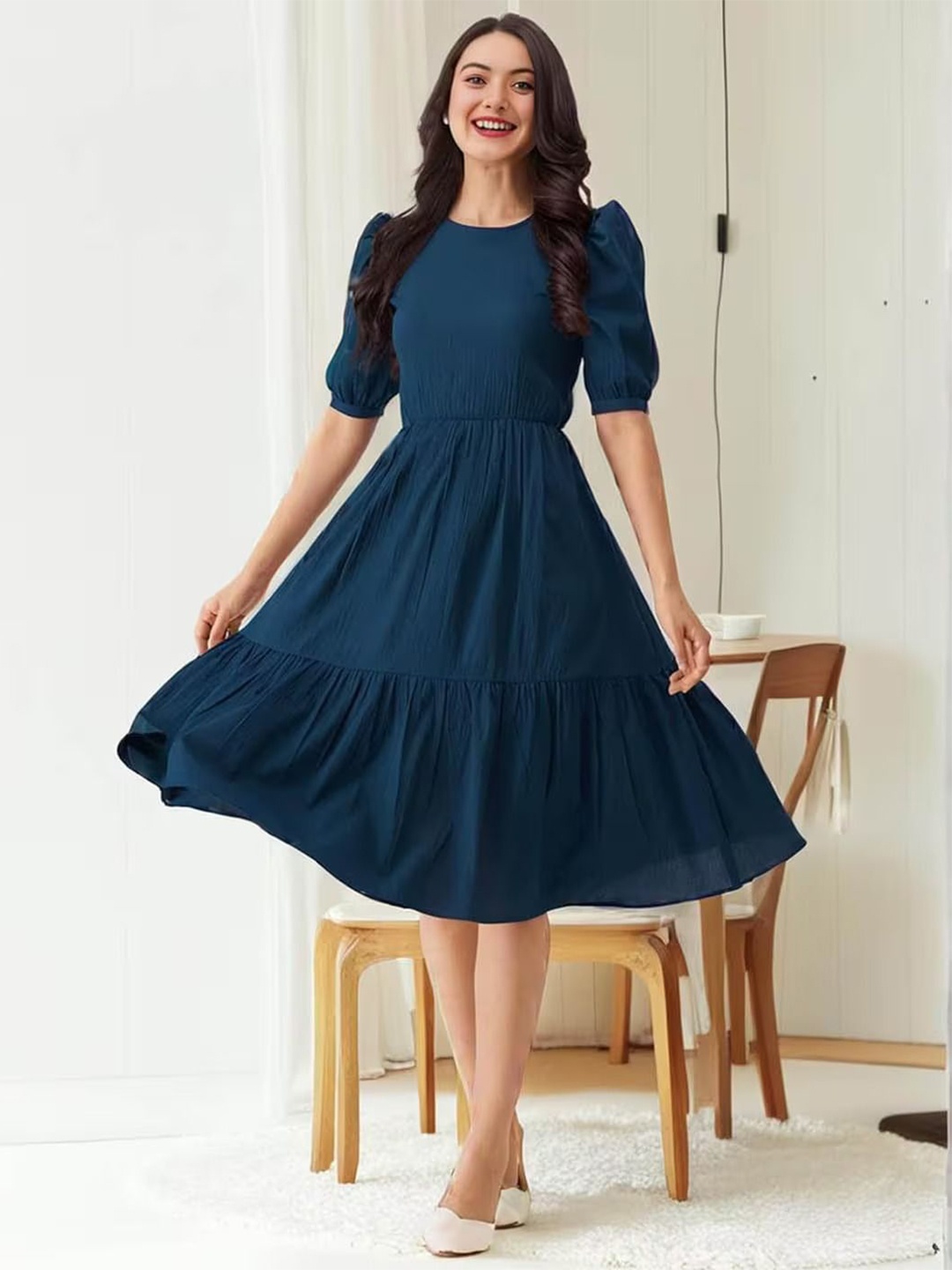 

Femvy Round Neck Fit & Flare Dress, Navy blue