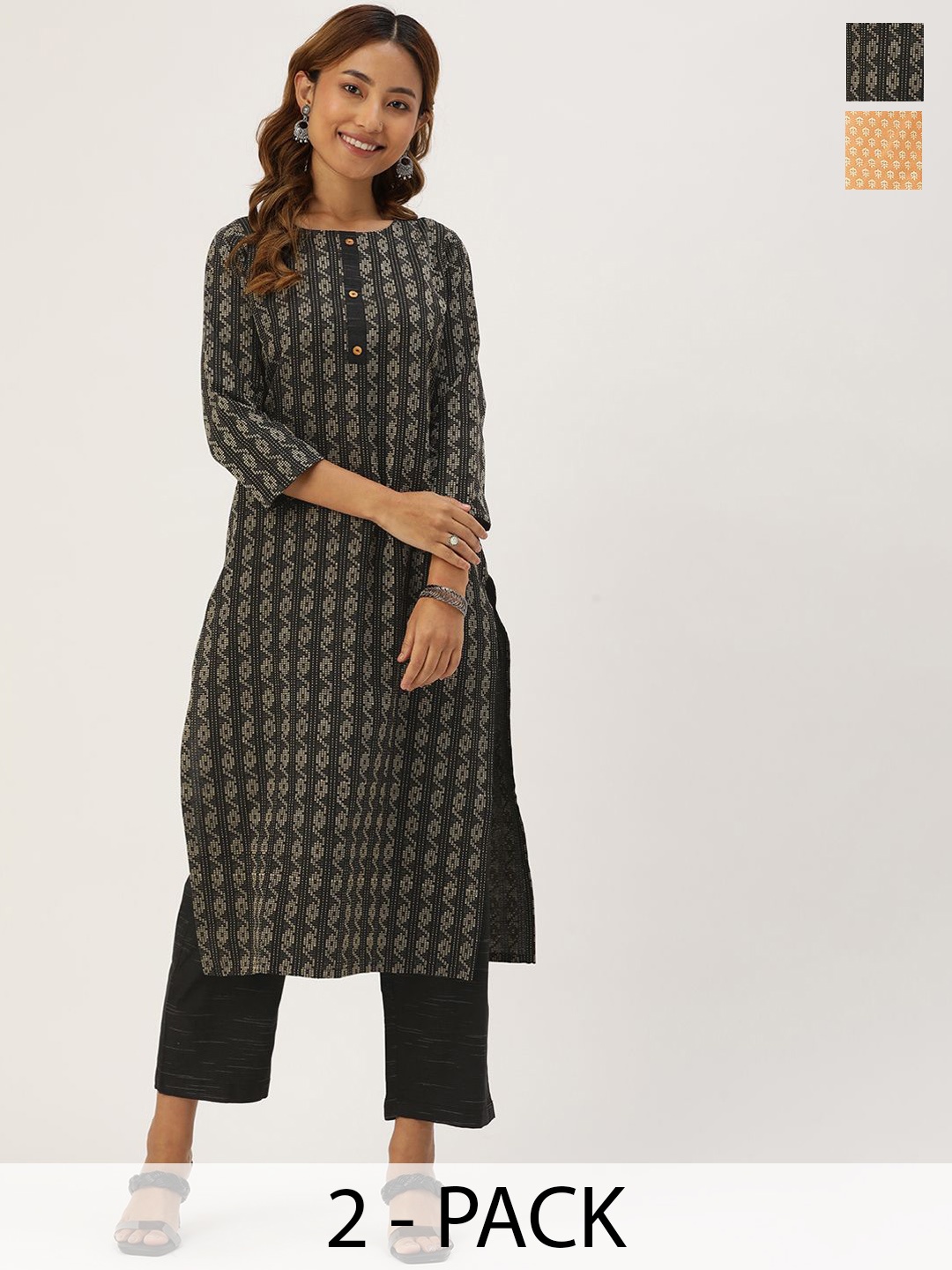 

KALINI Selection Of 2 Ethnic Motifs Printed Straight Kurtas With Trousers, Black