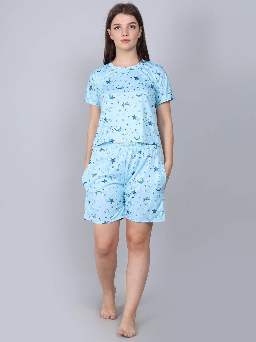 

XPIOX Women Printed Round Neck Night Suits, Blue