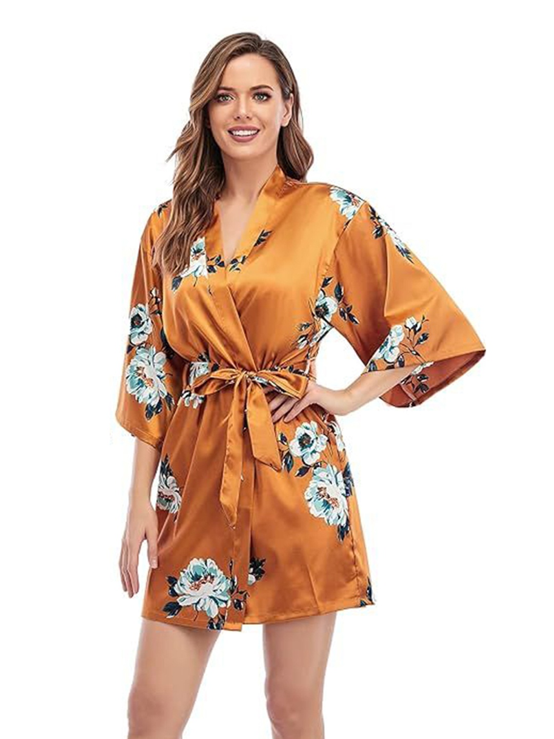 

XPIOX Women Printed Nightdress With Robe, Orange