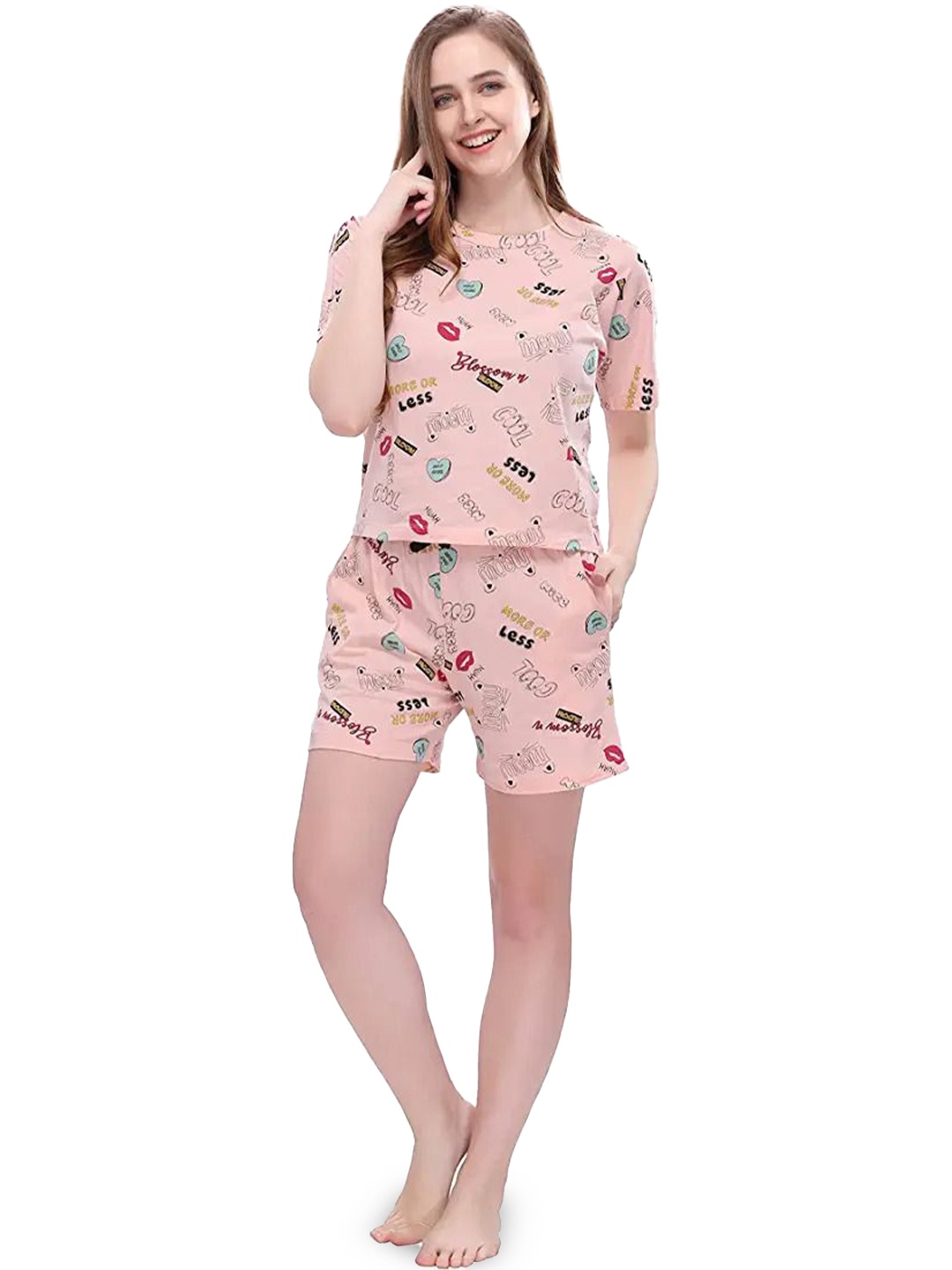 

XPIOX Women Printed Night suit, Peach