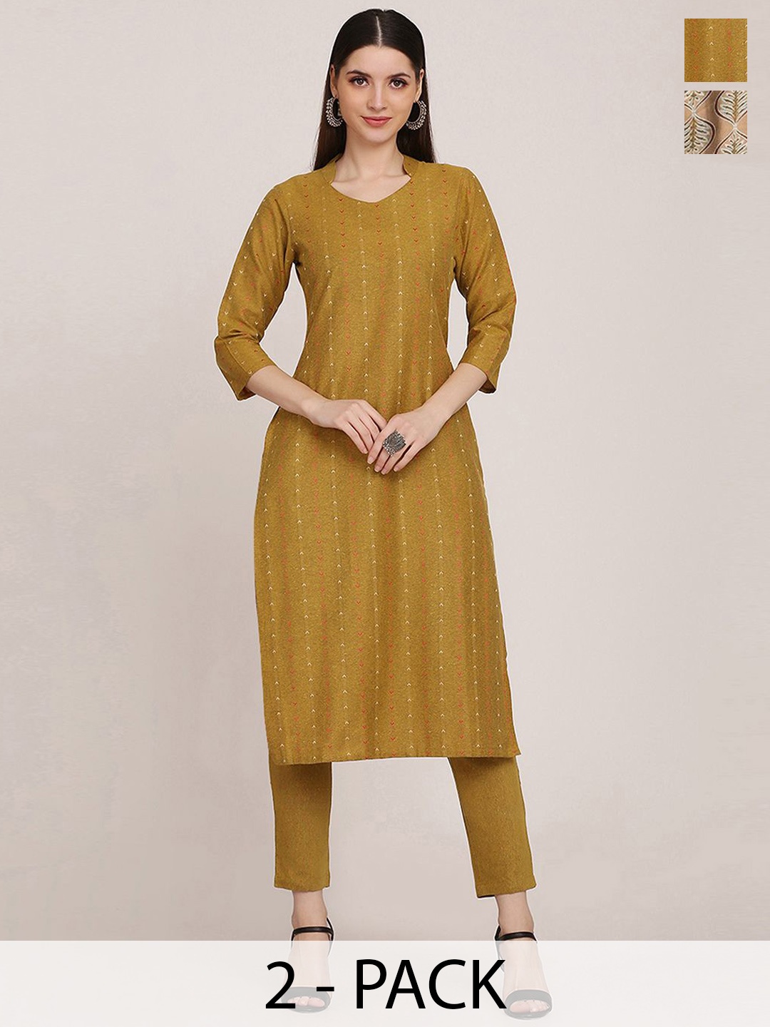 

KALINI Selection Of 2 Striped Printed Straight Kurtas With Trousers, Brown