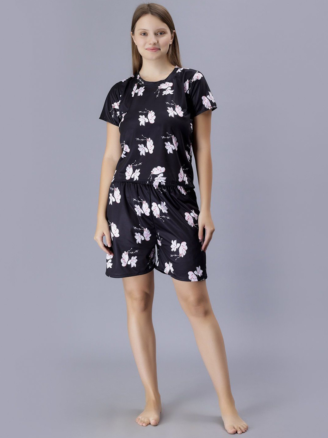 

XPIOX Women Floral Printed Night Suits, Black