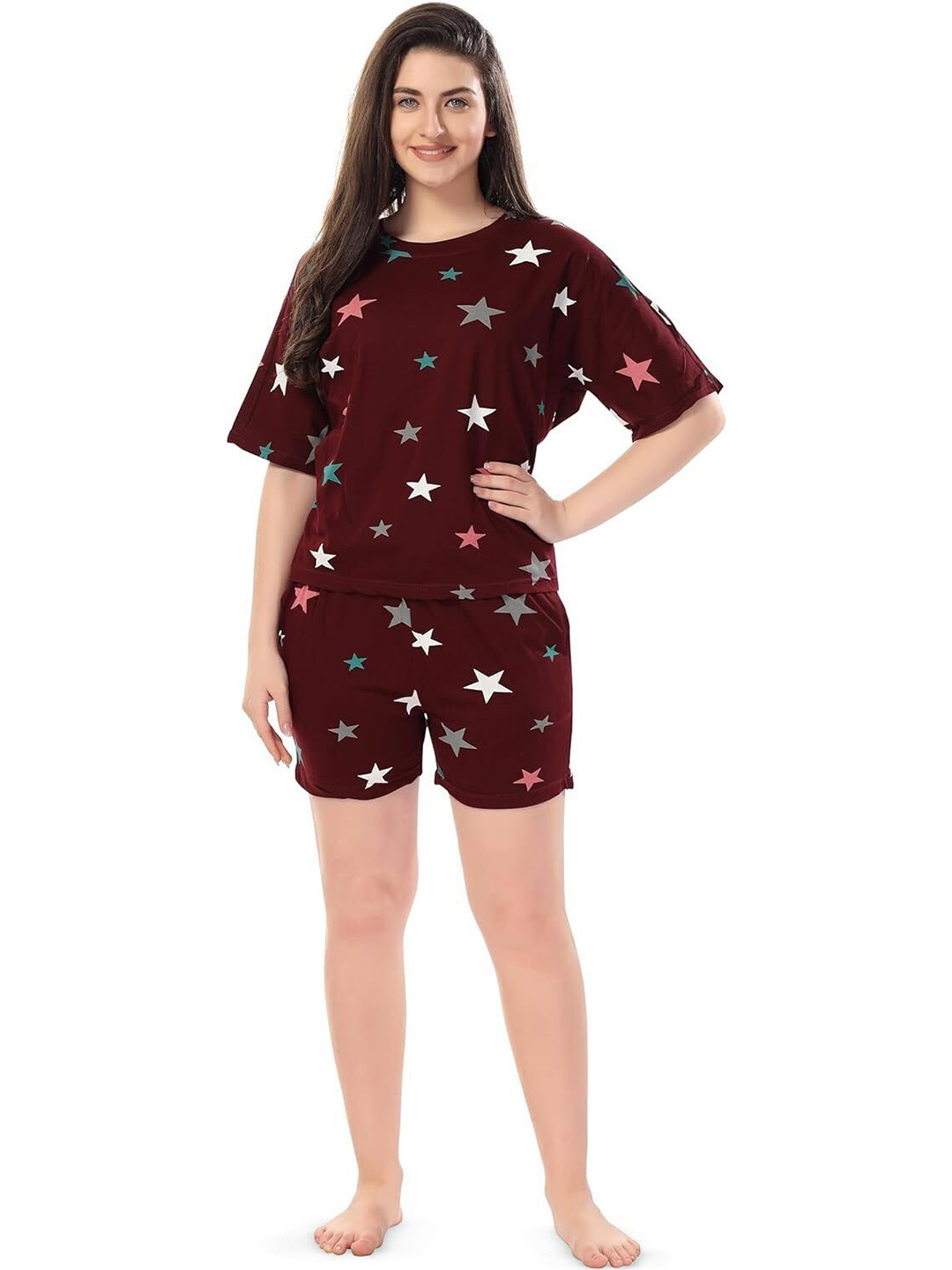 

XPIOX Women Printed Night suit, Maroon