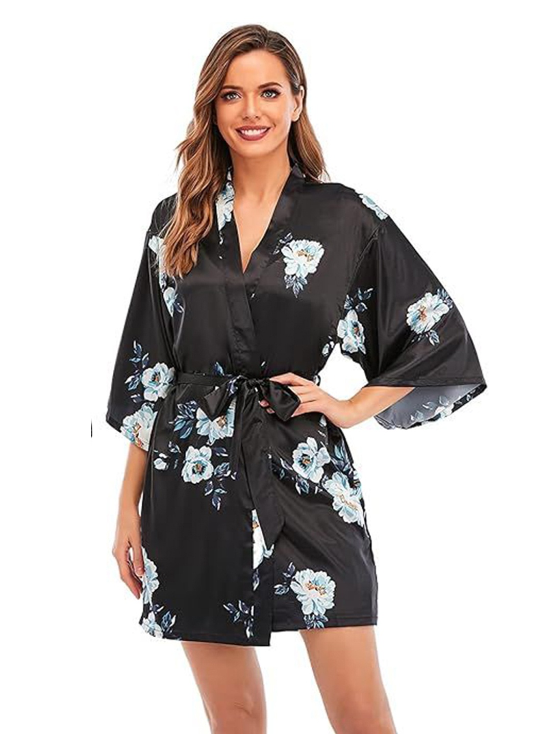 

XPIOX Women Floral Printed Shoulder Straps Nightdress With Robe, Black