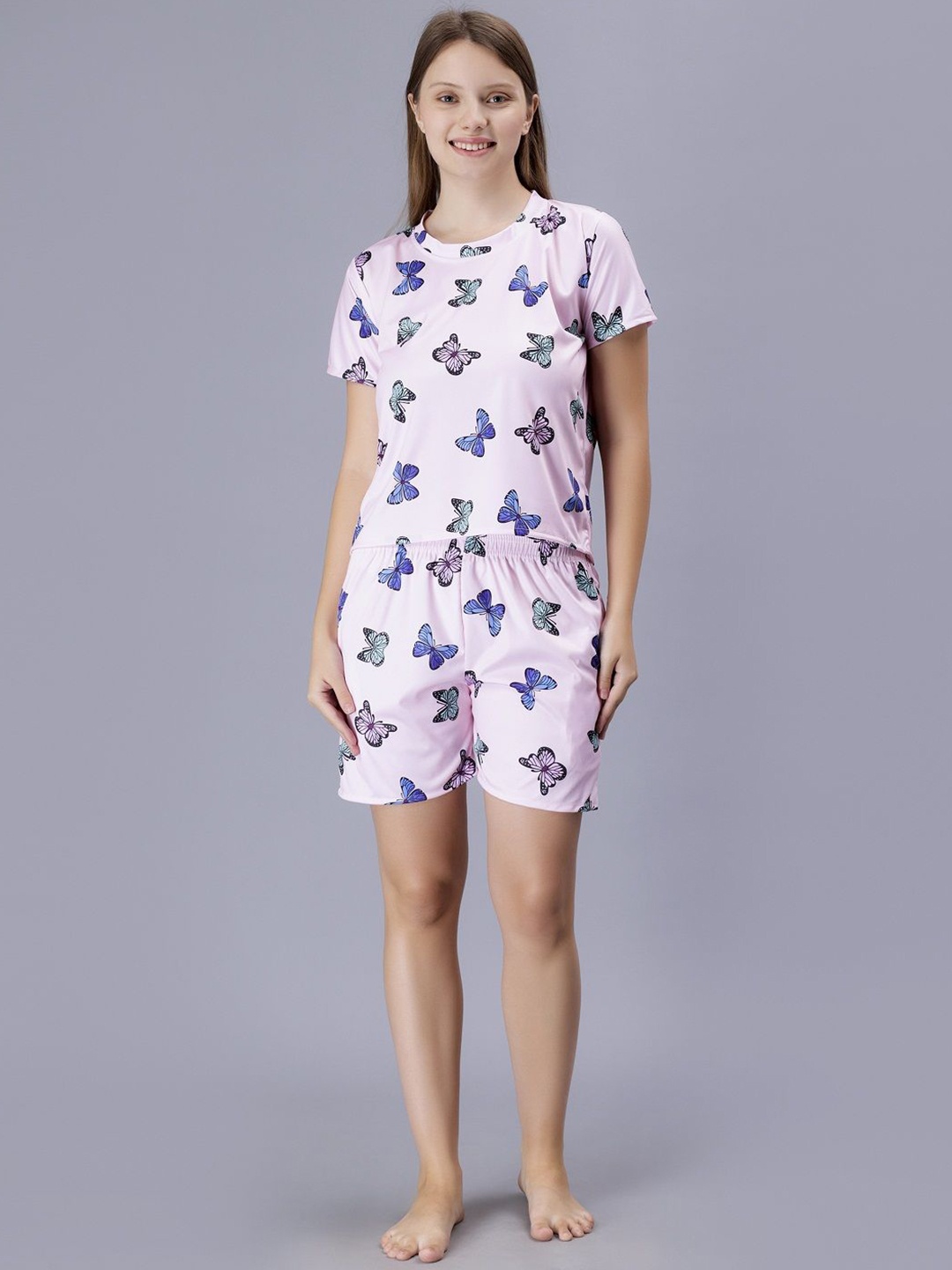 

XPIOX Women Printed Round Neck Night Suit, Pink