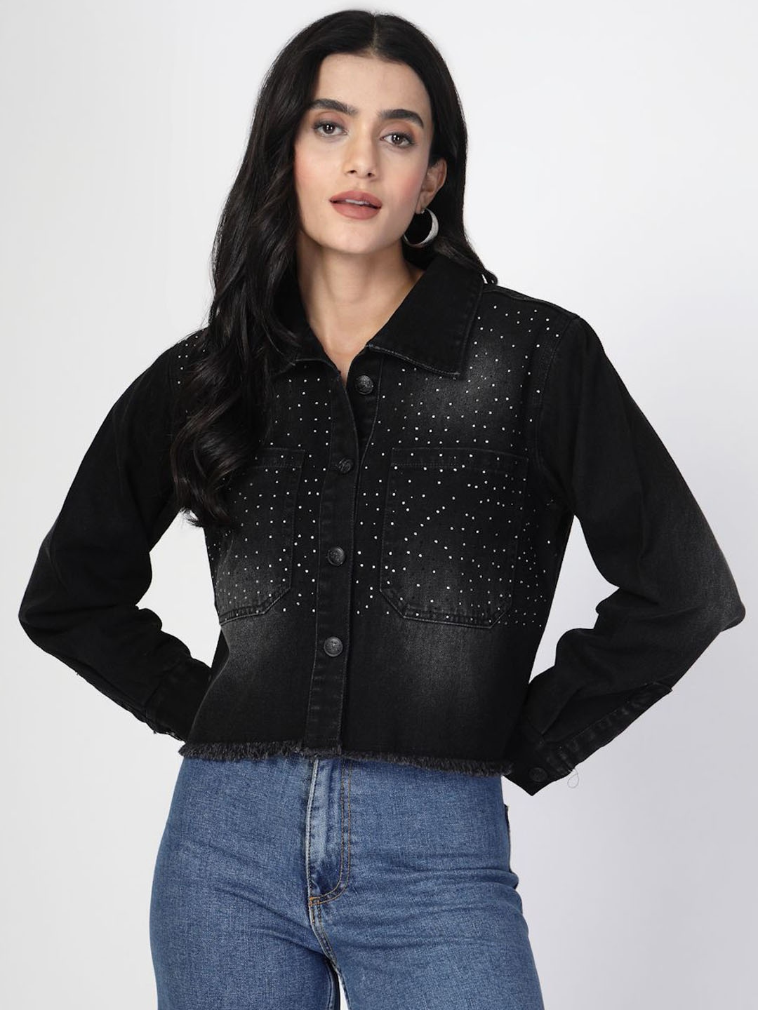 

COSMIC TRIO Women Spread Collar Washed Solid Cotton Casual Denim Lightweight Jacket, Black