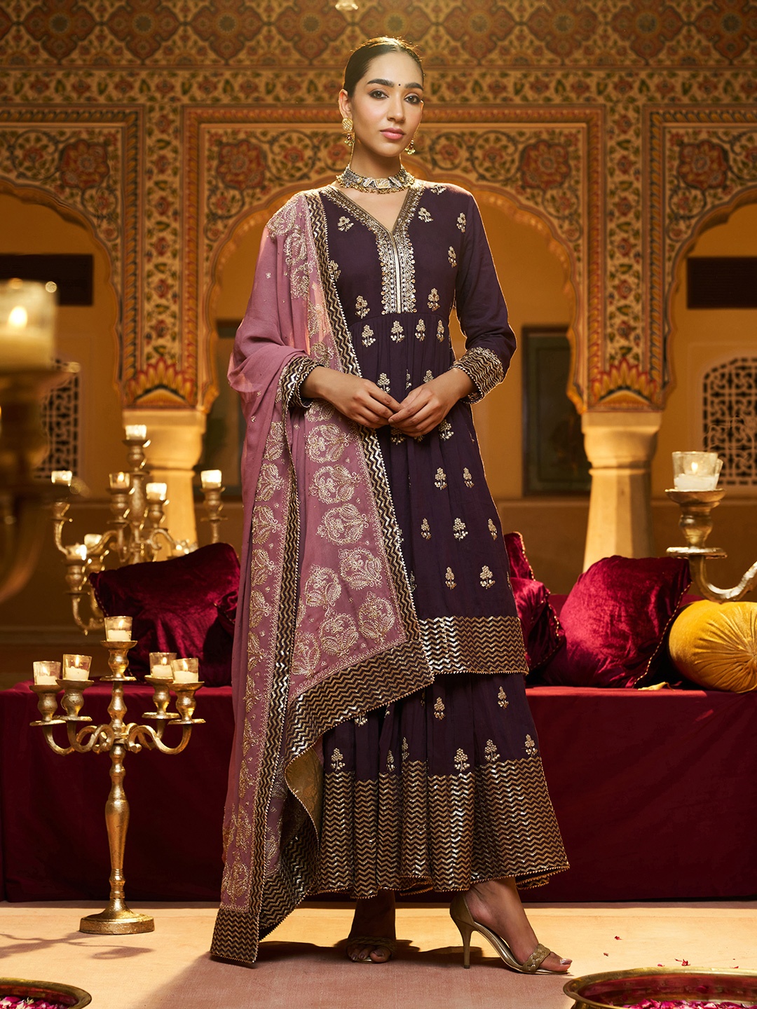 

WISHFUL Women Ethnic Motifs Embroidered A-Line Kurta & Palazzos Set, Purple