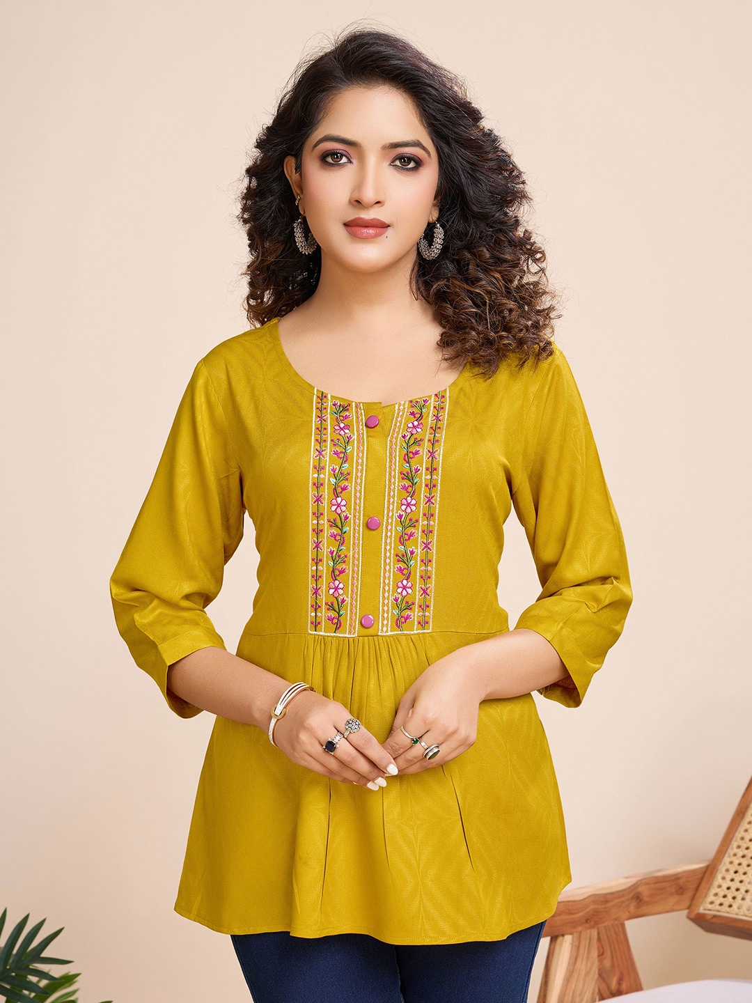 

MOJILAA Women Floral Embroidered A-Line Top, Mustard