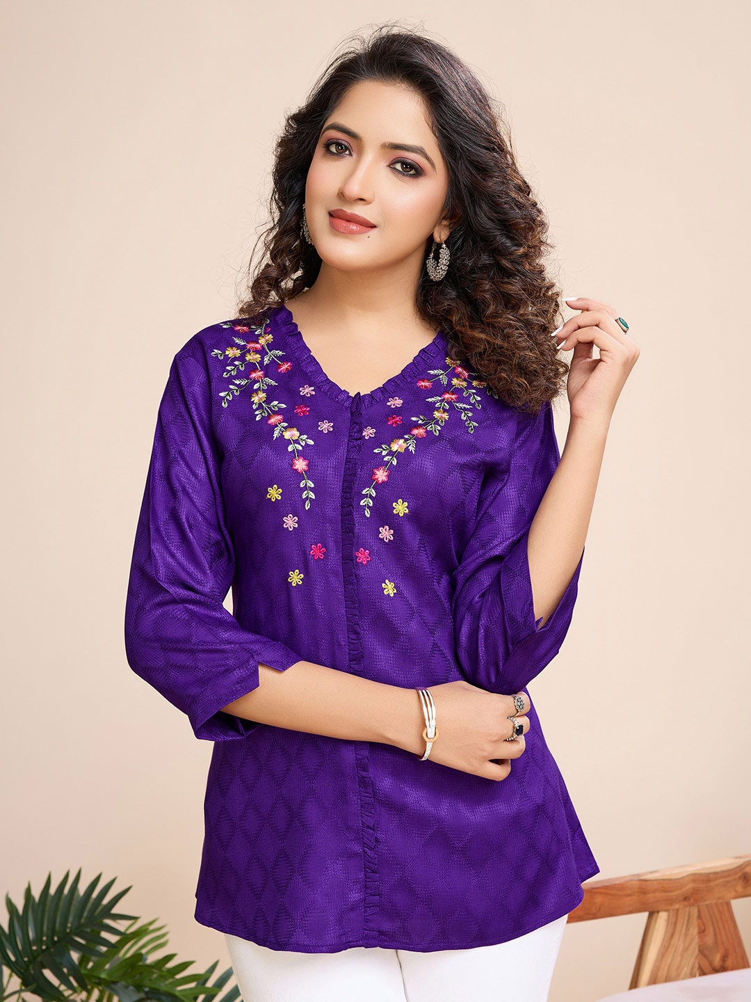 

MOJILAA Women Floral Embroidered Top, Purple