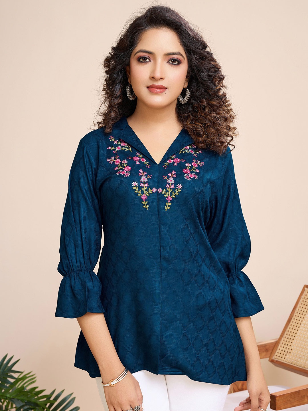 

MOJILAA Floral Embroidered Puff Sleeve Shirt Style Top, Teal