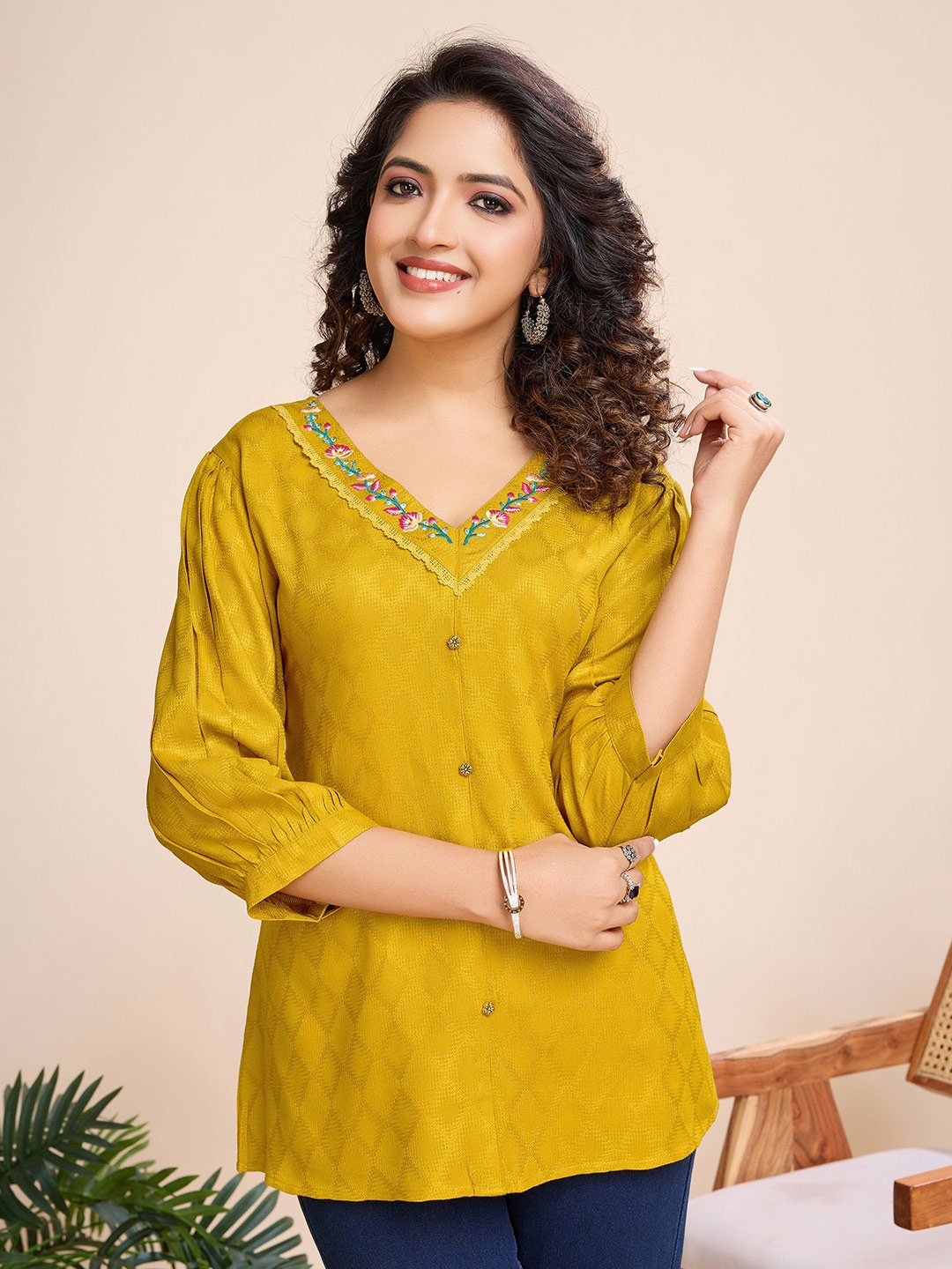

MOJILAA Women Floral Embroidered Top, Mustard