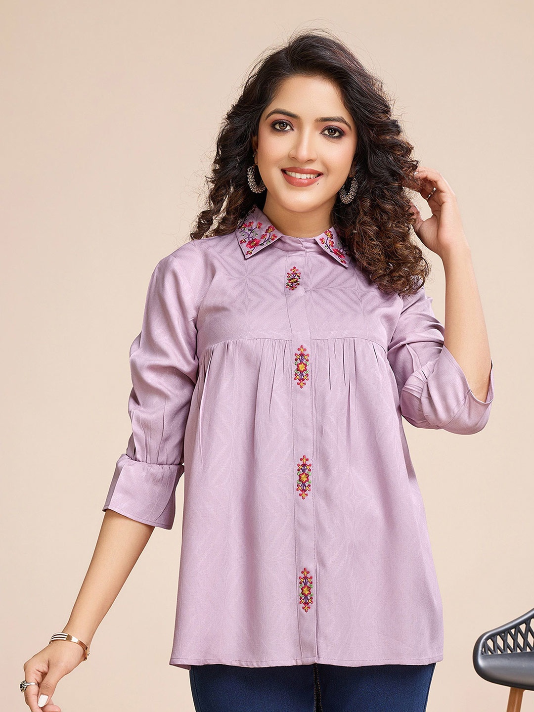 

MOJILAA Women Floral Embroidered Shirt Style Top, Mauve