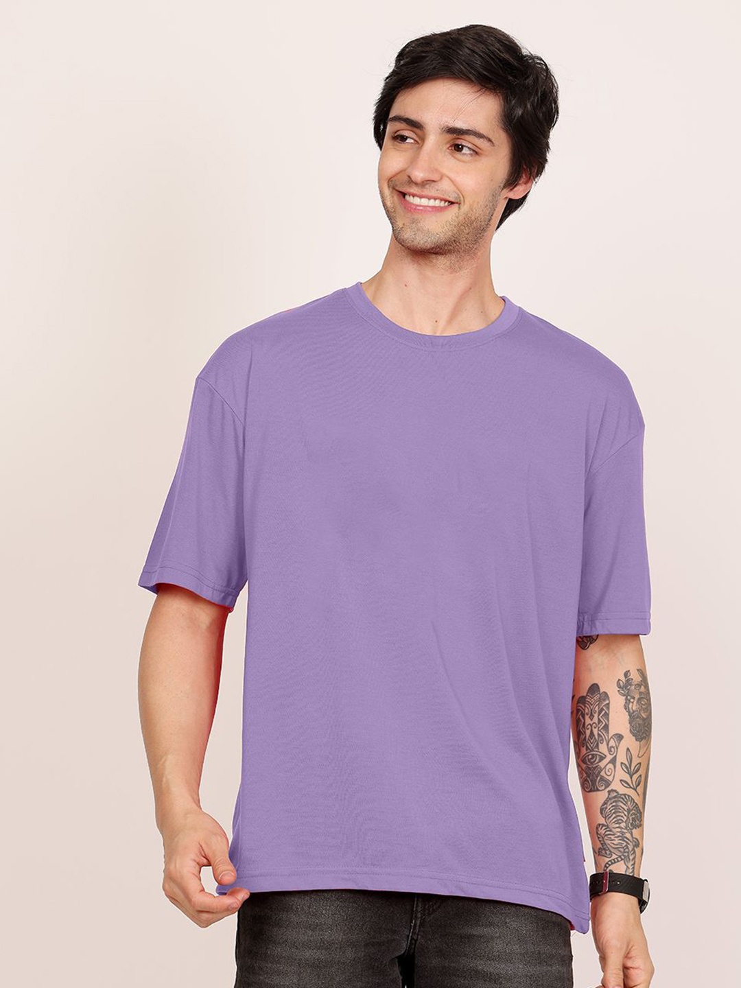 

Leotude Men Solid Round Neck Cotton Oversized T-shirt, Lavender