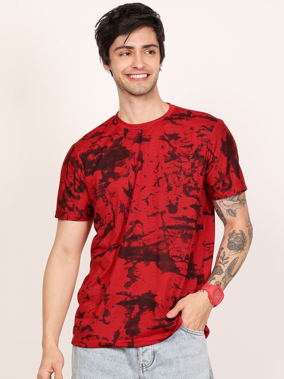 

Leotude Men Dyed Round Neck Cotton Oversized T-shirt, Red