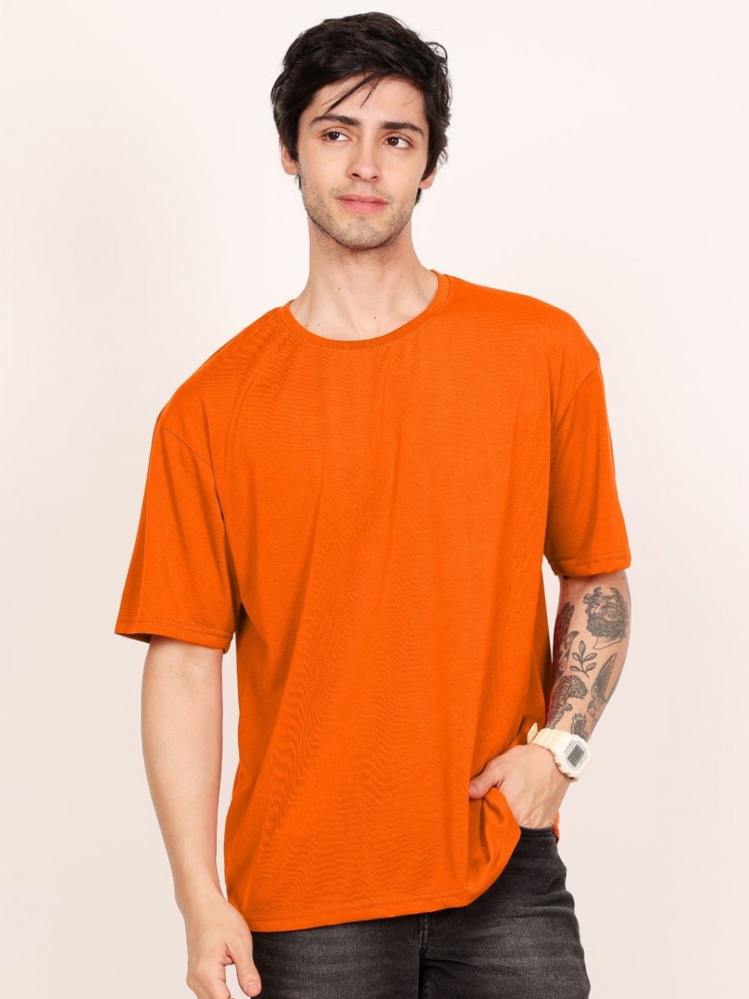 

Leotude Men Solid Round Neck Cotton Oversized T-shirt, Orange