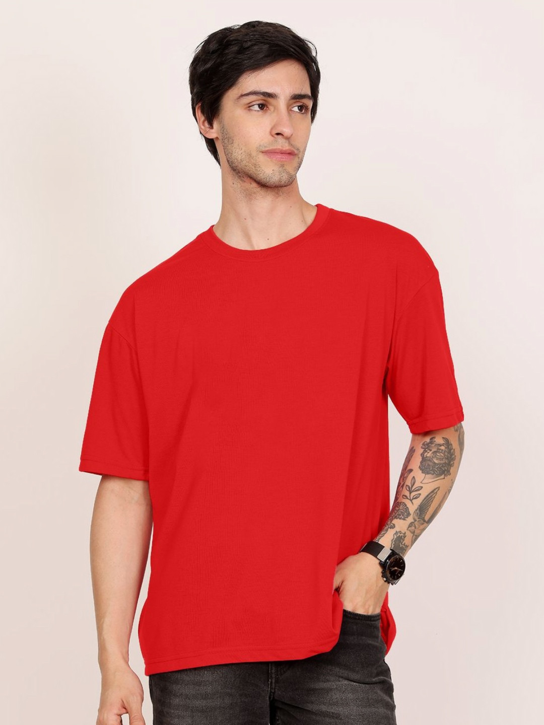 

Leotude Men Solid Round Neck Cotton Oversized T-shirt, Red