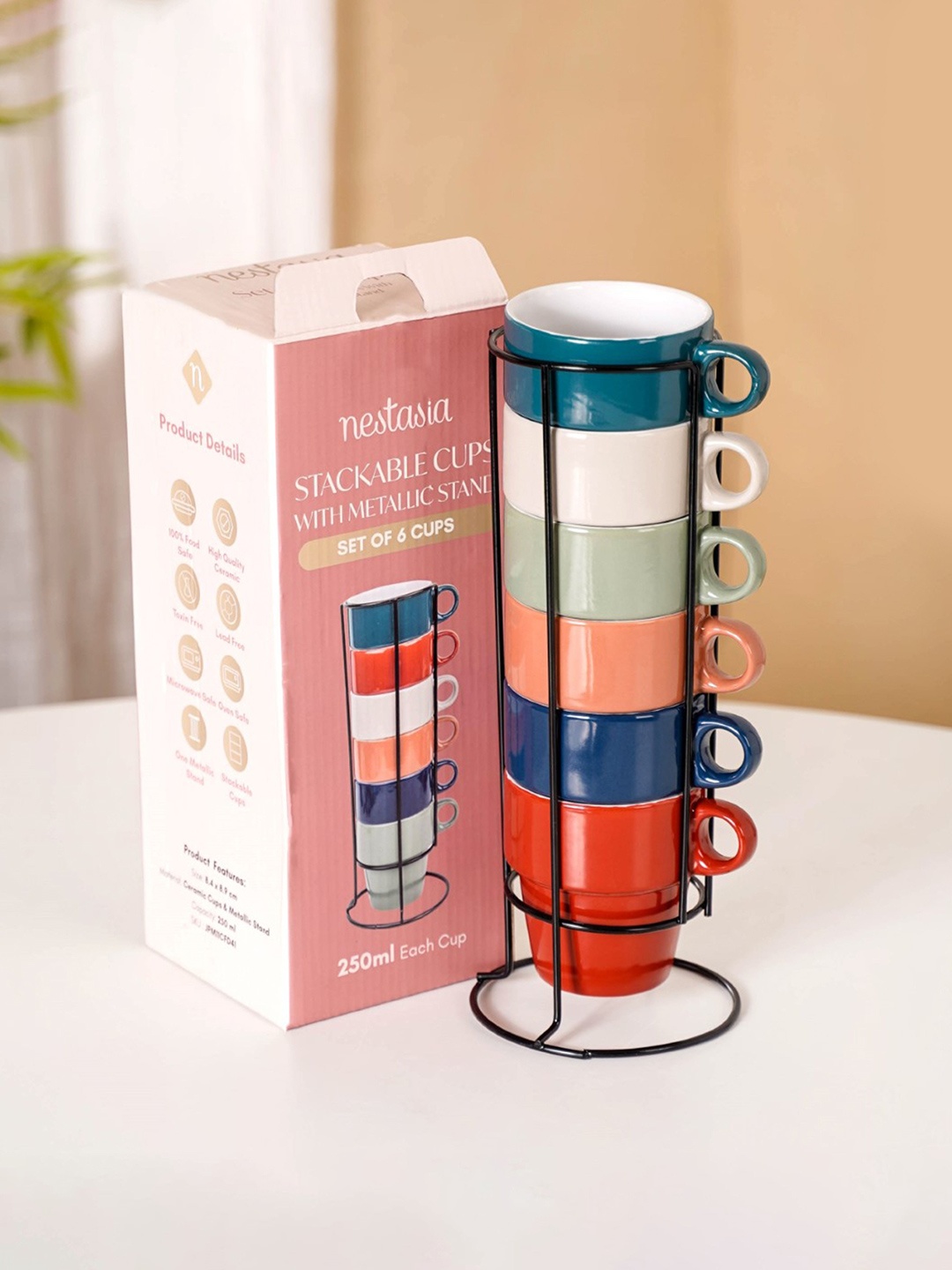 

Nestasia White & Green 6 Pieces Ceramic Glossy Cups Set 250 ml each