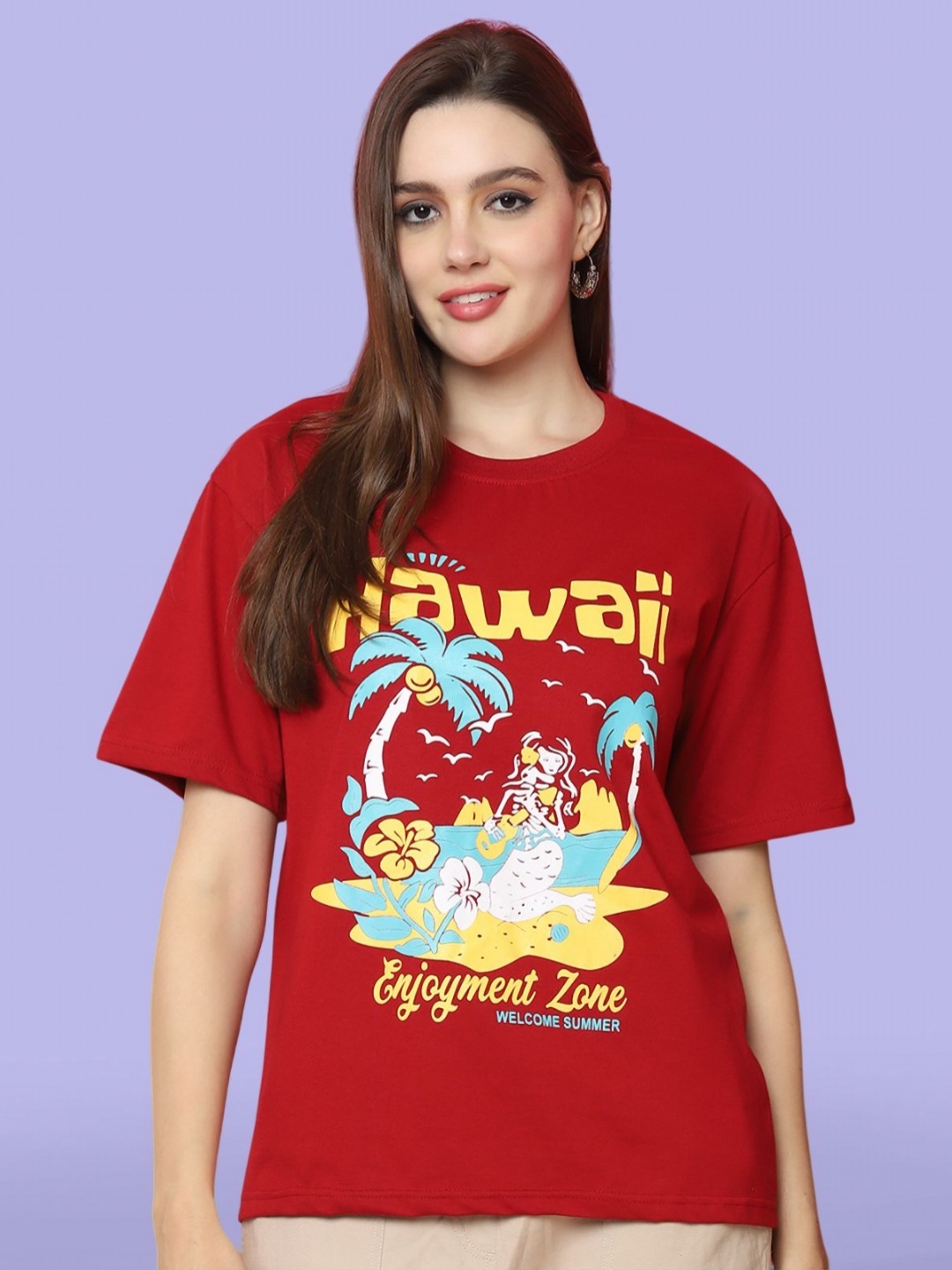 

BAESD Women Graphic Printed Round Neck Cotton Oversized T-shirt, Red
