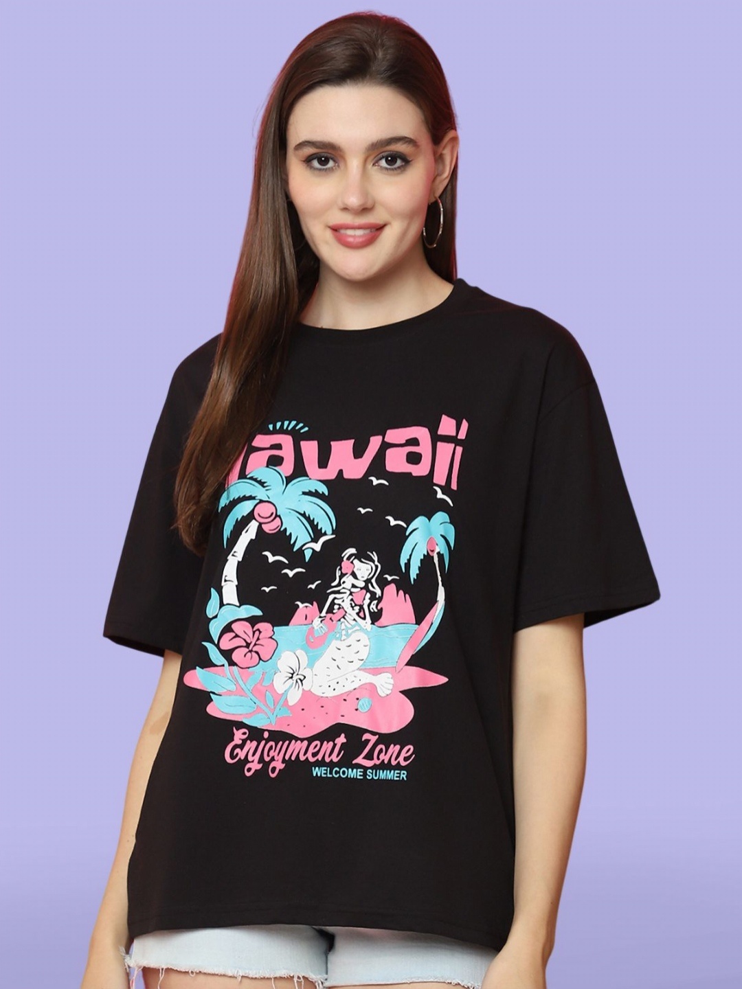 

BAESD Women Graphic Printed Round Neck Cotton Oversized T-shirt, Black