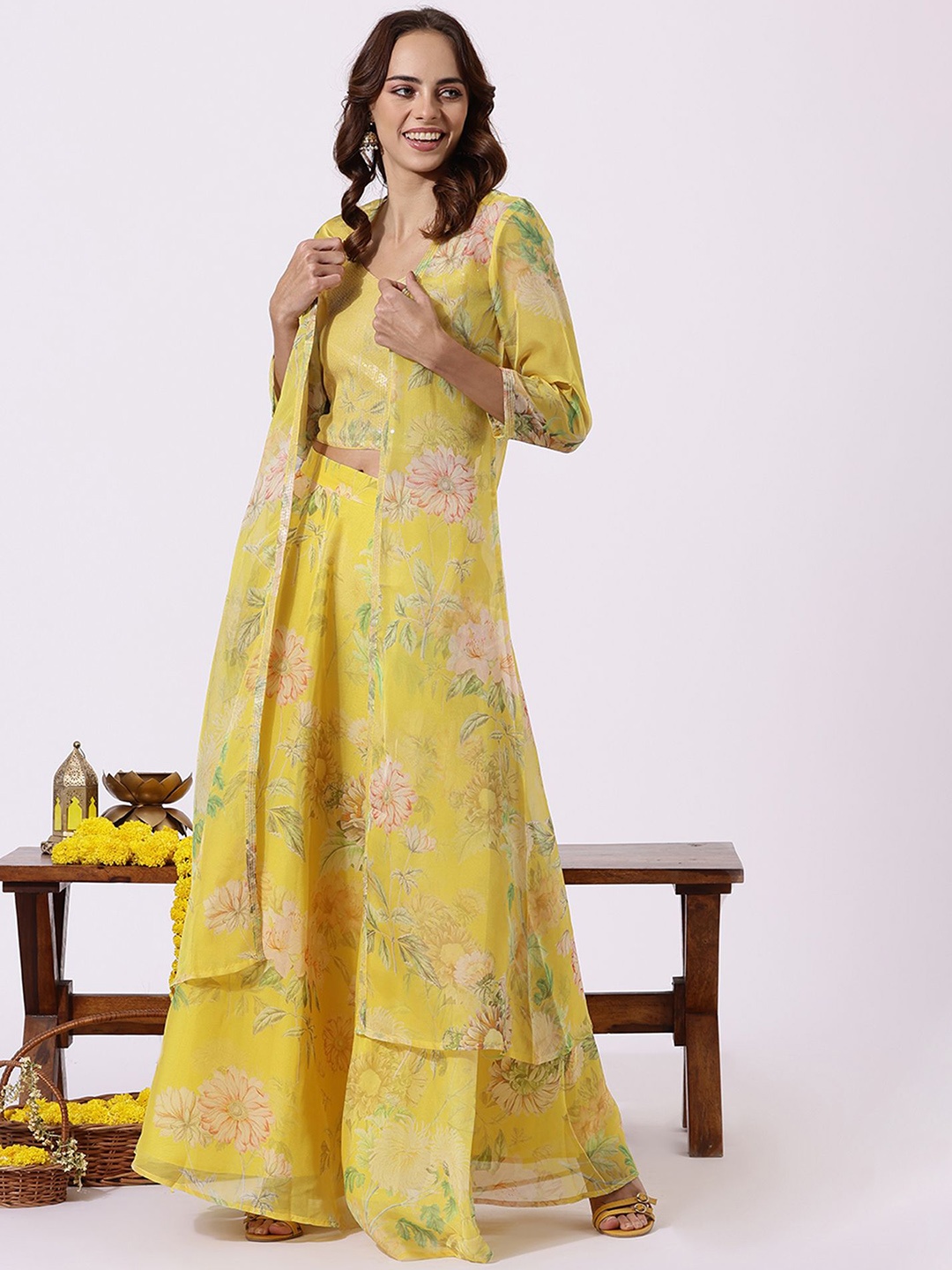 

W Floral Printed Sequinned V- Neck Striped Sleeve Top With Skirt And Jacket, Yellow
