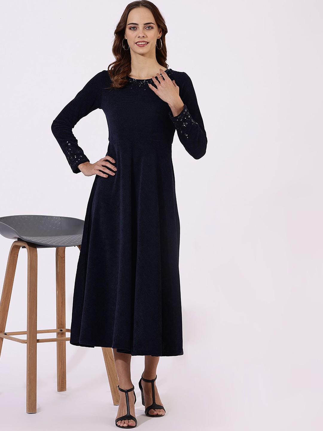 

W Women Embroidered Fit & Flare Midi Dress, Blue