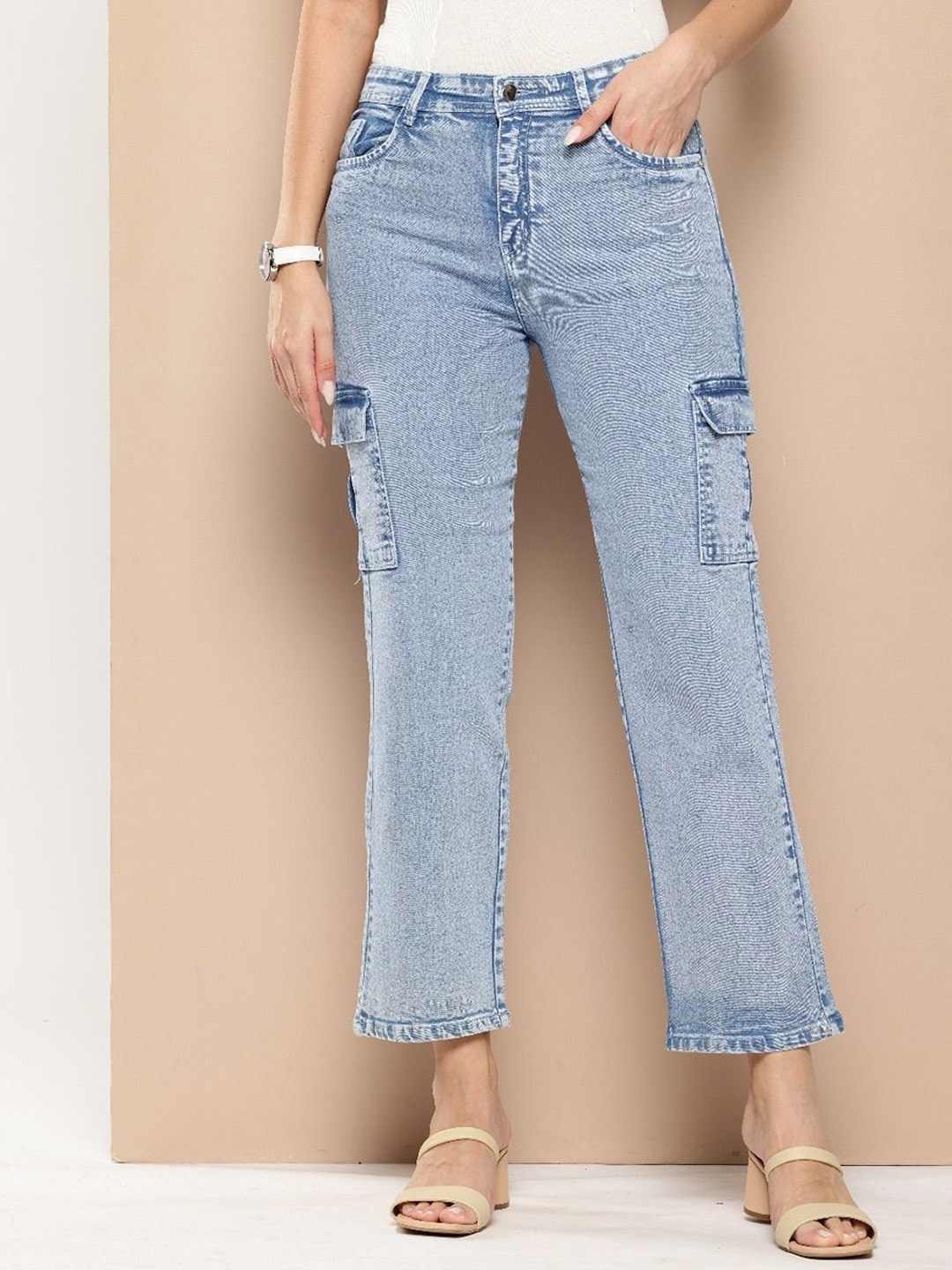 

AC CREATION Women Jean Straight Fit High-Rise Heavy Fade Cargo Styles Jeans, Blue