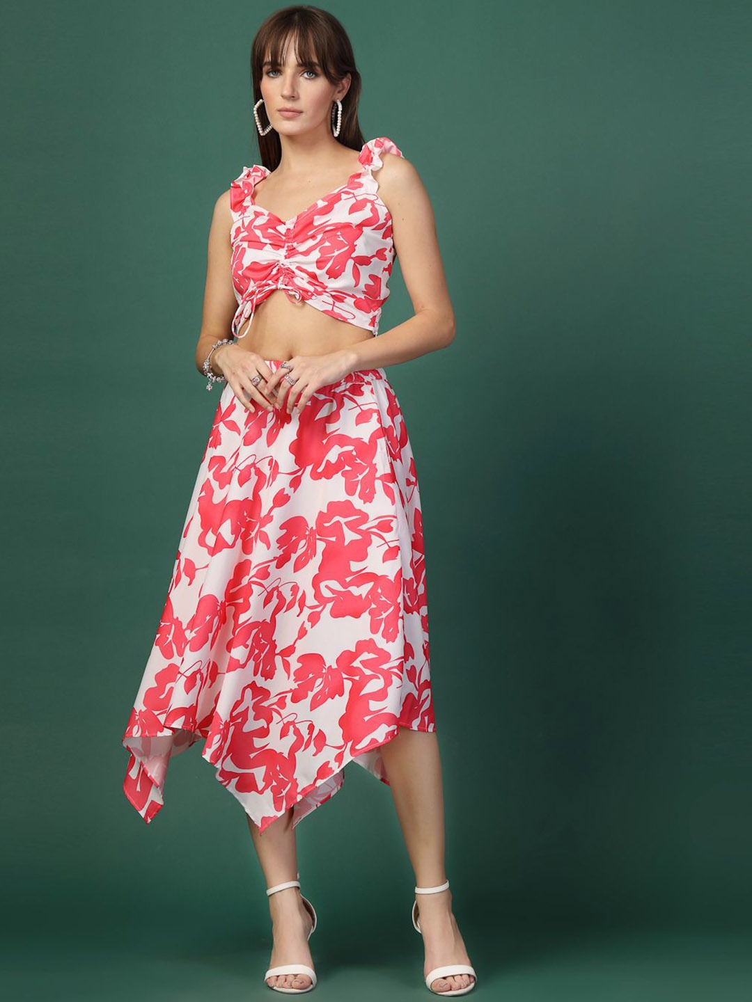

Oomph! Printed V-Neck Sleeveless Top With Skirt, White