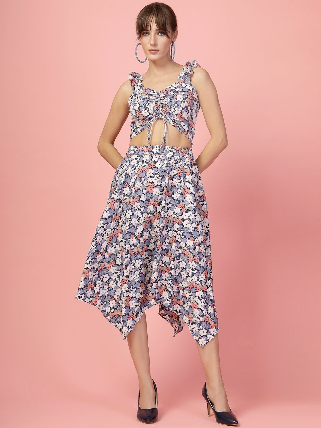 

Oomph! Printed V-Neck Sleeveless Top With Skirt, Blue