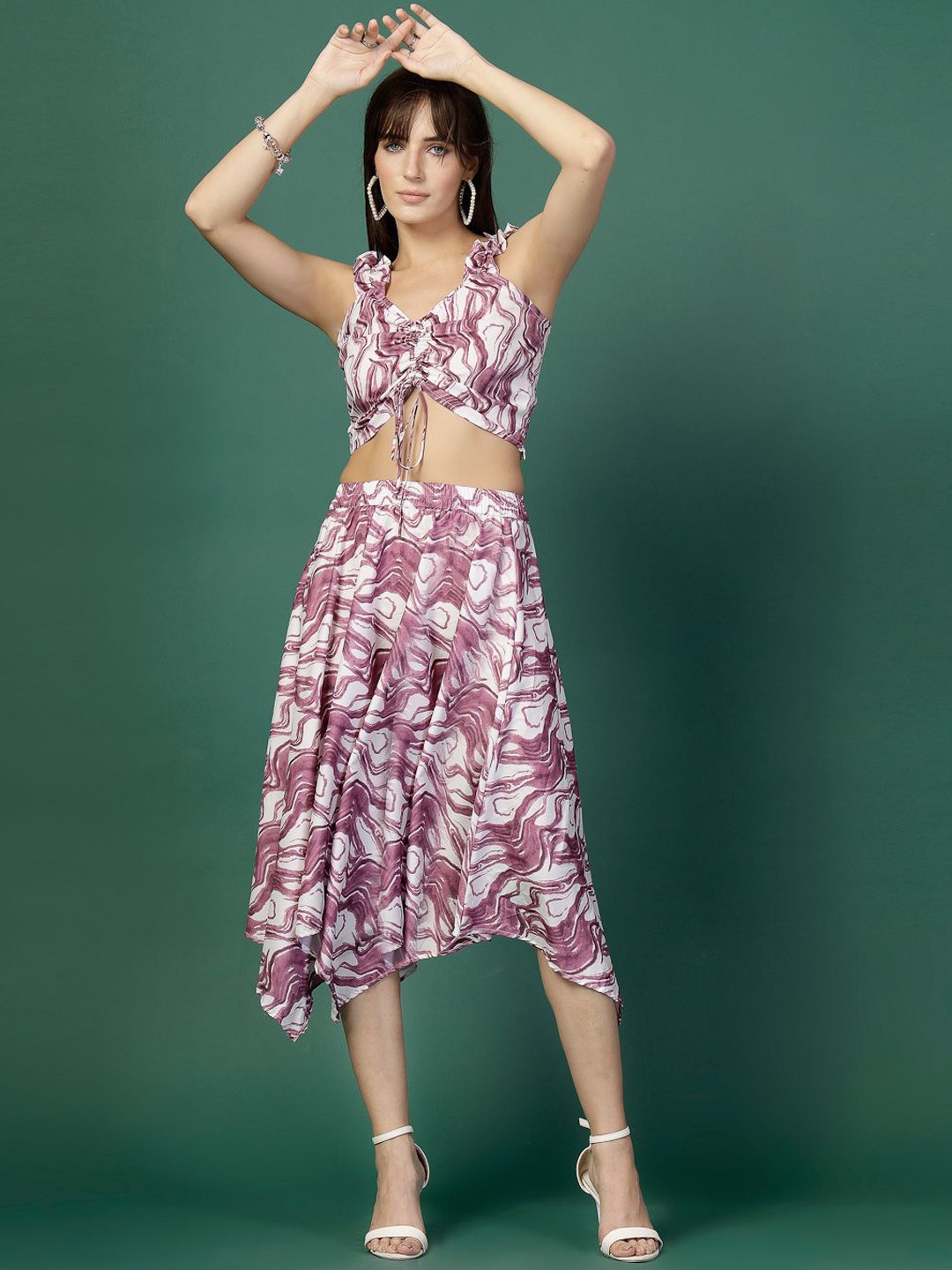 

Oomph! Printed V-Neck Sleeveless Top With Skirt, Purple