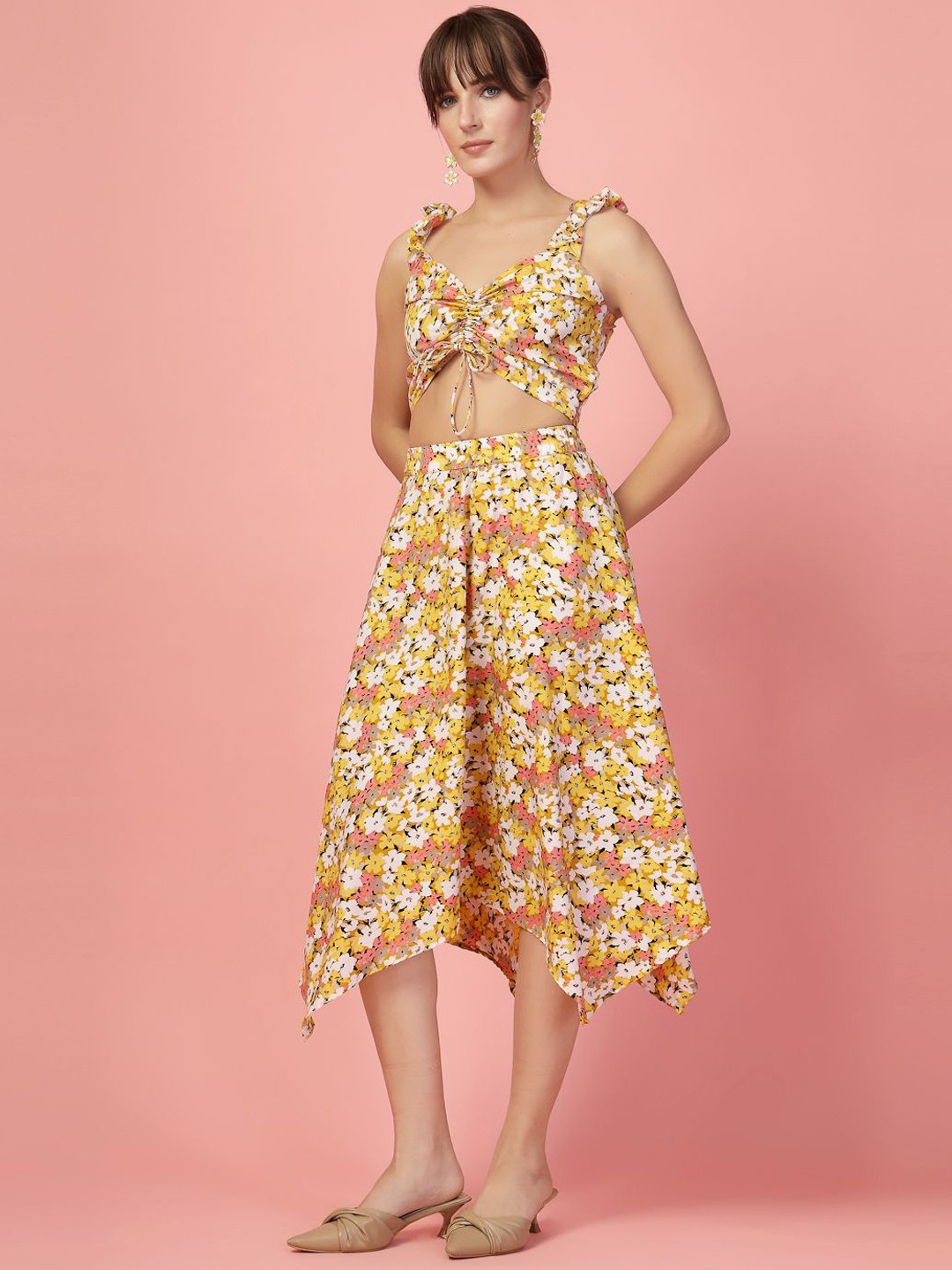 

Oomph! Printed Crop Top With Midi Skirt Co-Ords, Yellow