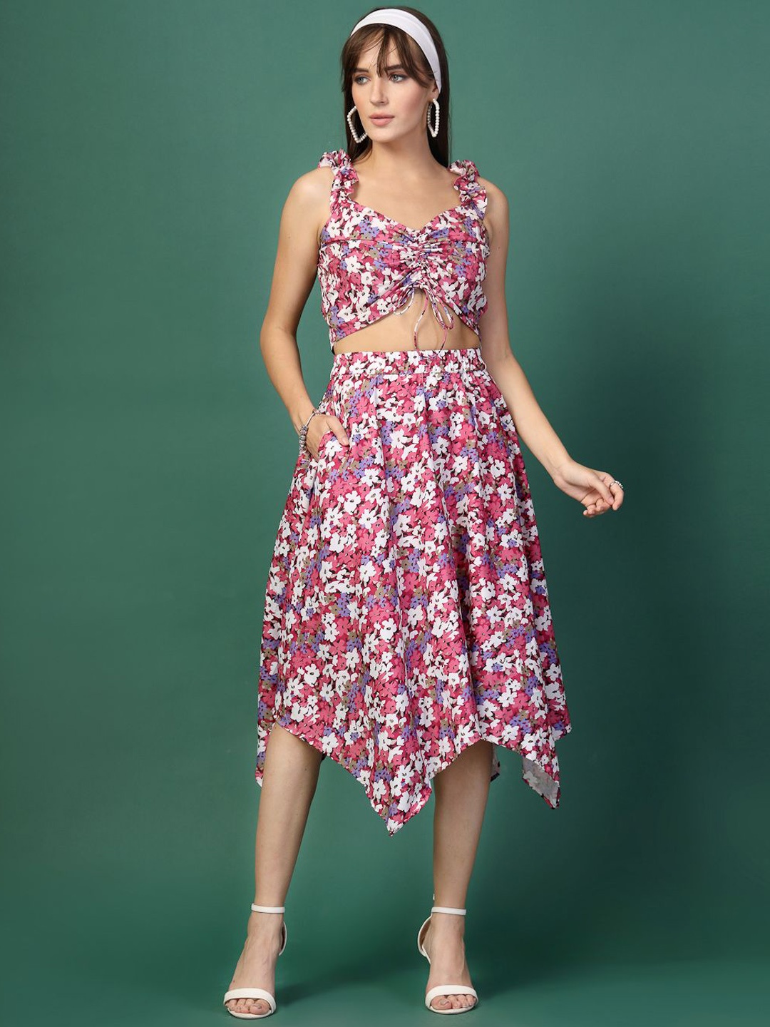 

Oomph! Printed Floral Top & Skirt Co-Ord Set, Pink