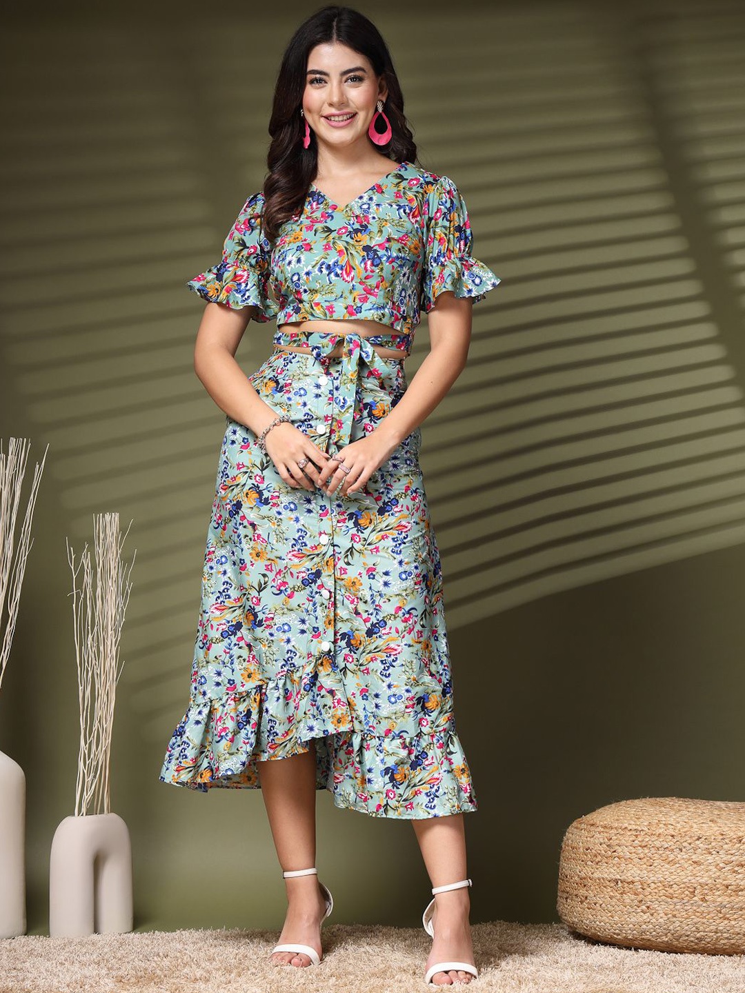 

Oomph! Printed V Neck Top With Skirt Co-Ords, Blue