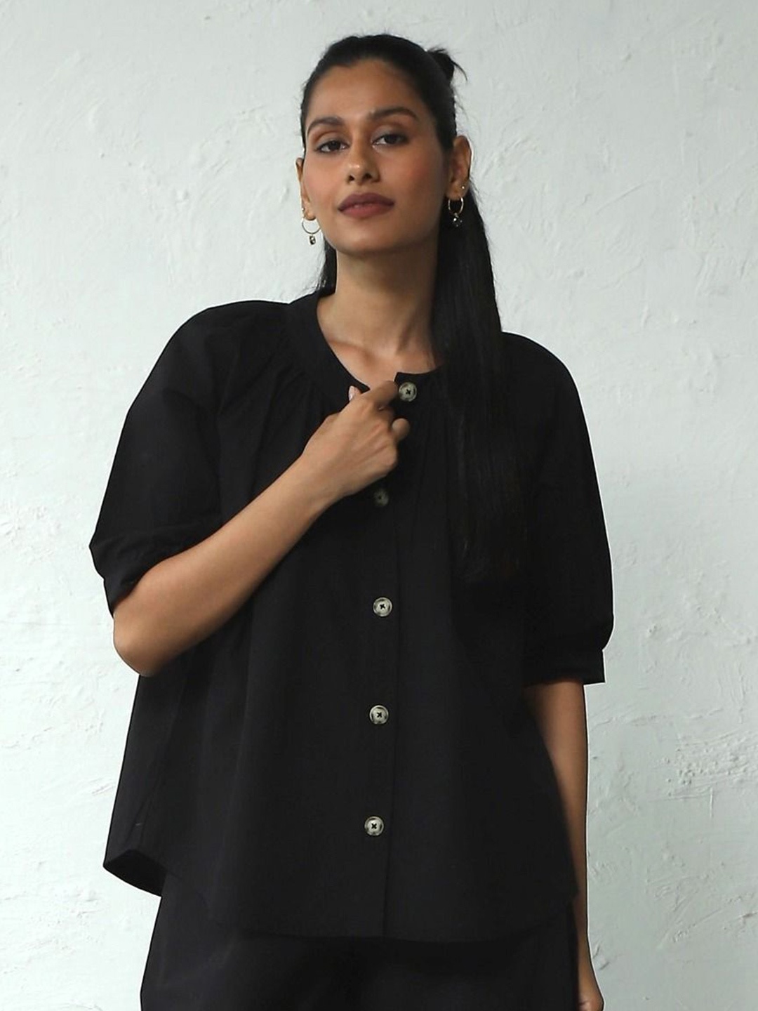 

Canoopi Women Puff Sleeve Cotton Shirt Style Top, Black