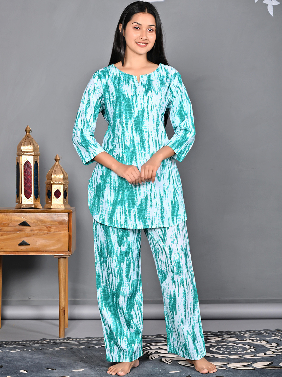 

Dreambe Women Printed Pure Cotton Night suit, Green