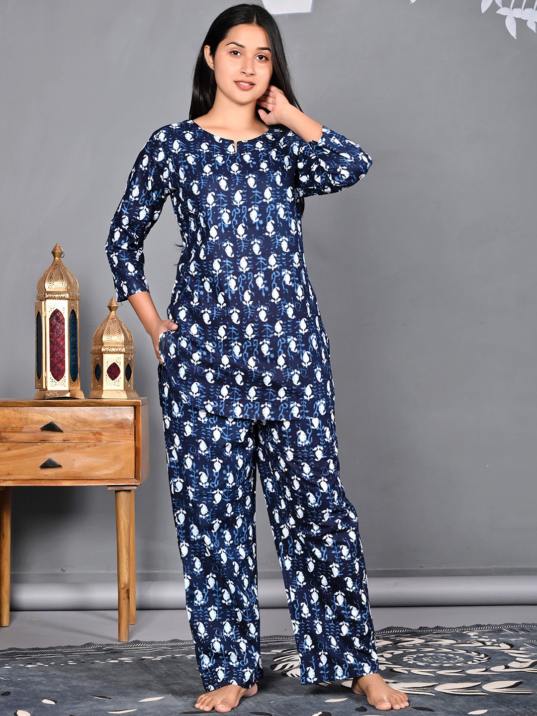 

Dreambe Women Printed Cotton Night suit, Blue