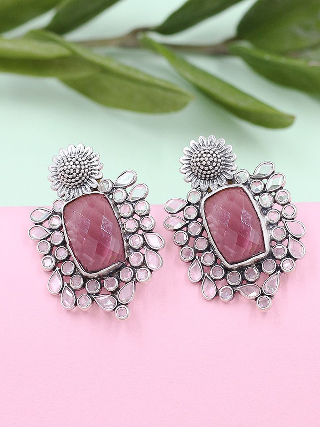 

SANGEETA BOOCHRA Silver Hydro Stones Studded Square Drop Earrings