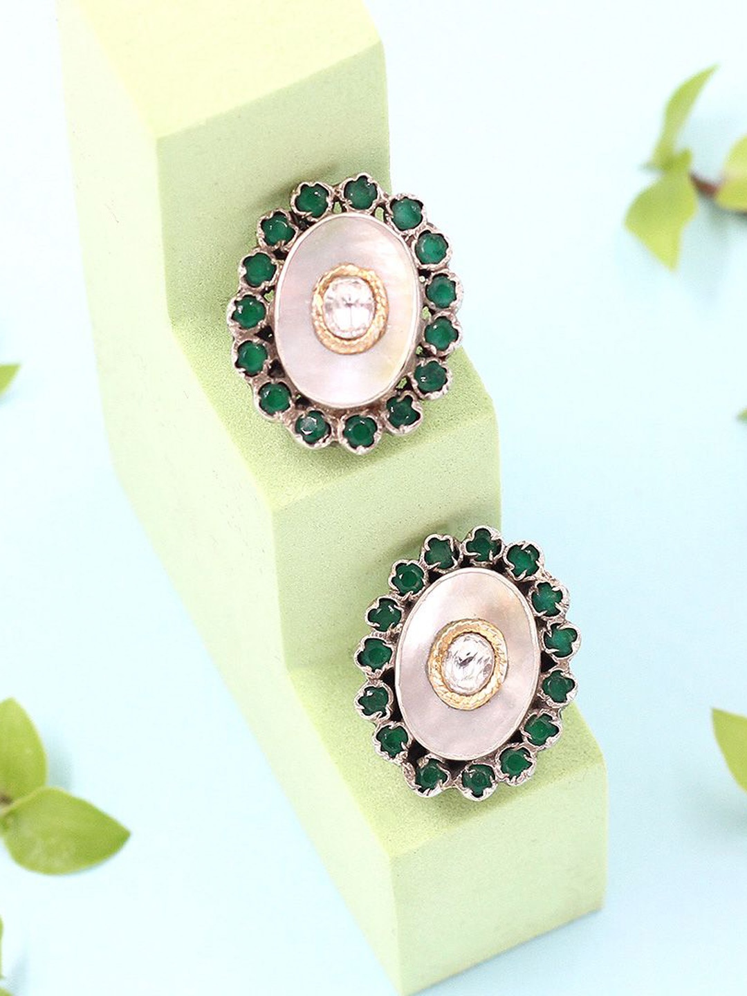 

SANGEETA BOOCHRA Silver Quartz Stones Studded Oval Studs
